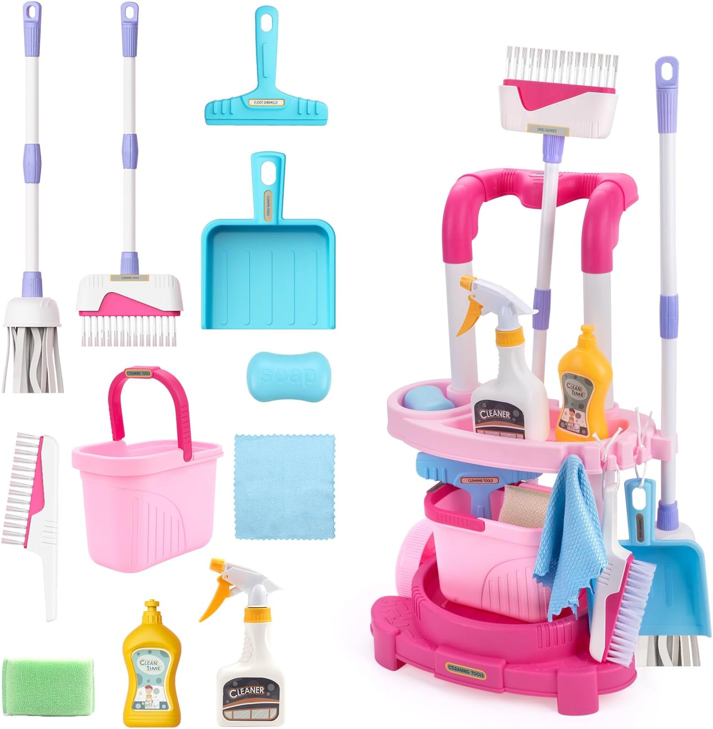 Detachable Kids Cleaning Toy Set - Broom, Mop, Dustpan, Brush, Rag Play, Housekeeping Kit, STEM Really Clean Toys Girls & Boys