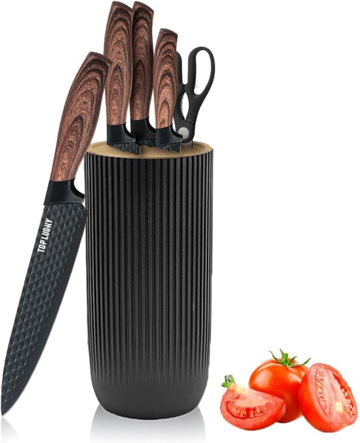 Kitchen Knife Set,6-Pieces Black Sharp Knife Set for Kitchen, Non-Stick Non-Slip Stainless Steel Chef Knife Set with Universal Knife Block Suitable for Home Restaurant (Wood Grain Black) image number 4