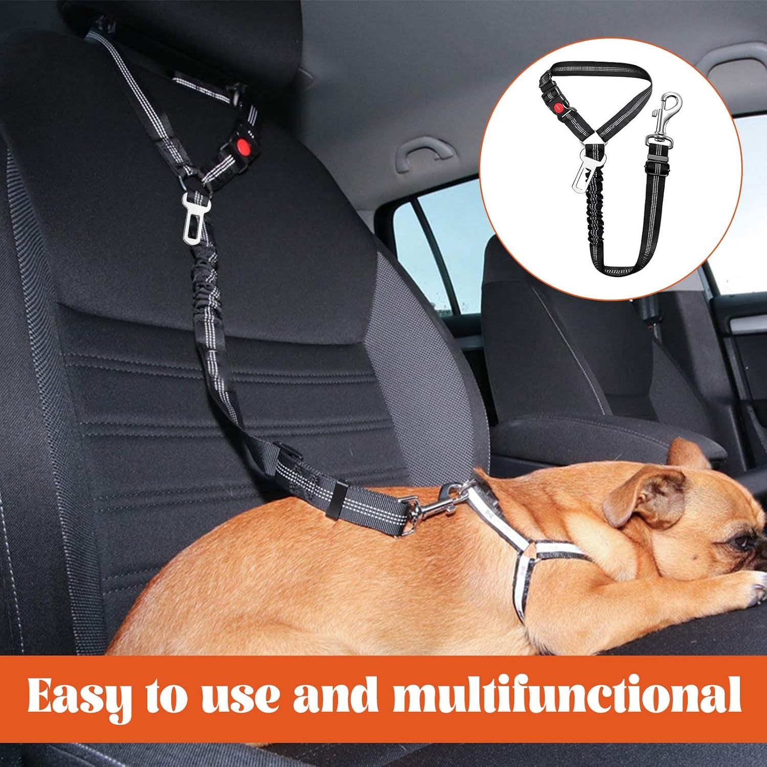 Dog Car Seat Belt, 1 Pcs Dog Seatbelt, 2 in 1 Dog Car Harness with Anti-Shock Restraints Clip, Adjustable Harness Belt with Anti-Shock Elastic Bungee Buffer for All Vehicles (Black)