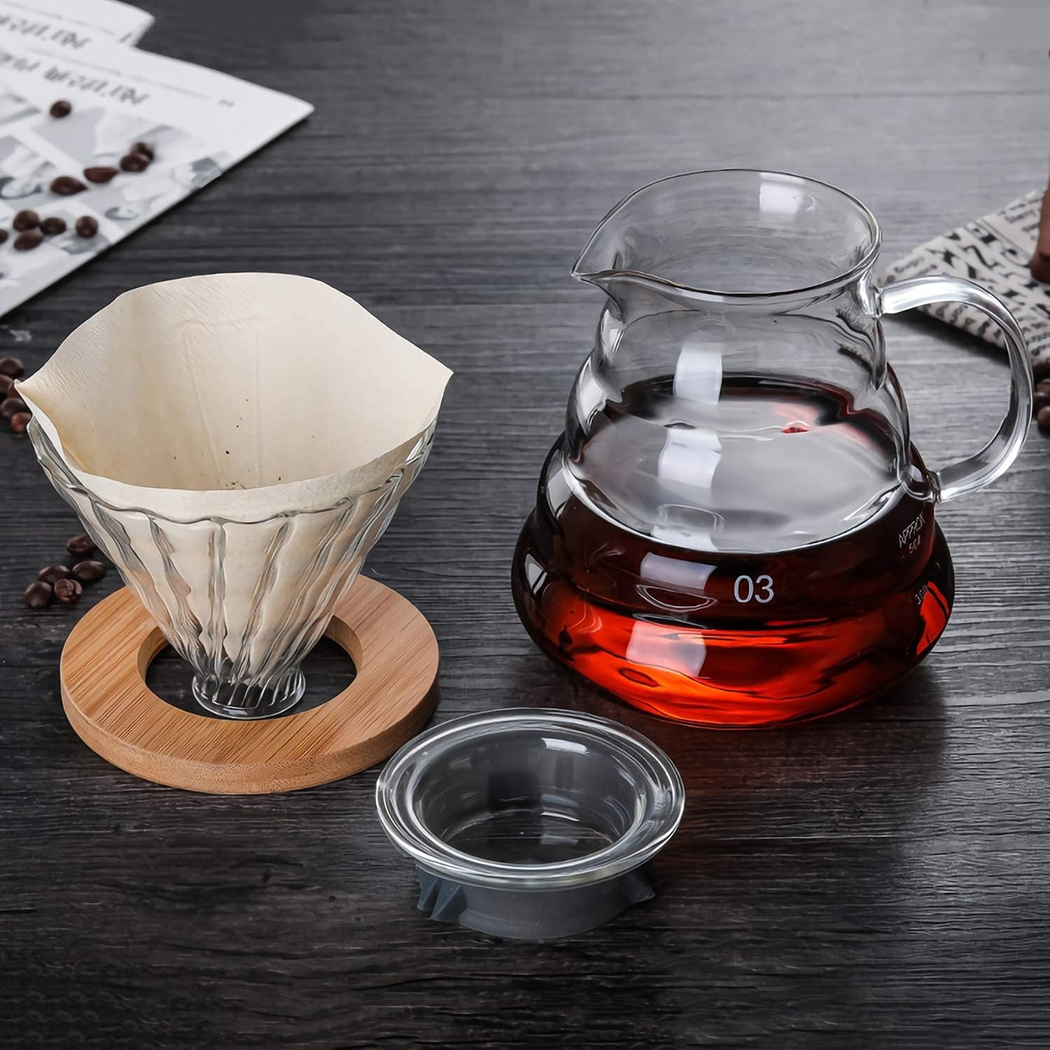 Glass Coffee Dripper, V60 Pour over Coffee Dripper with Bamboo Wood Base, Slow Brewing Accessories for Home Cafe Restaurants, 1-4 Cups image number 3