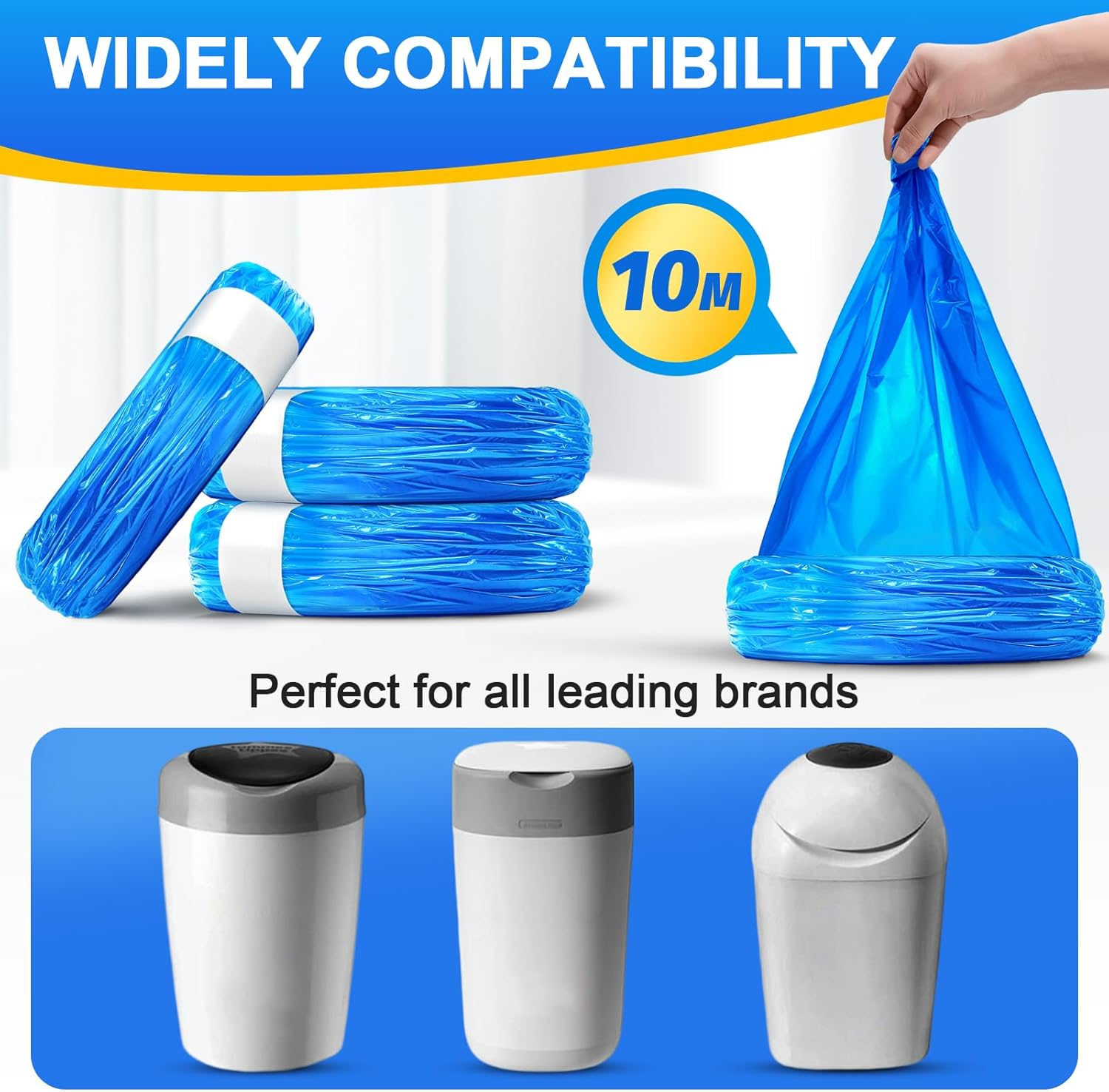 10 Pack Nappy Bin Refill Bags (10 Meters Each) Compatible with Tommee Tippee Twist & Click Refill for All Models Bins,Nappy Bags Disposable-Max Odor Protection Baby Diaper Bin Bag Liner Pails image number 3
