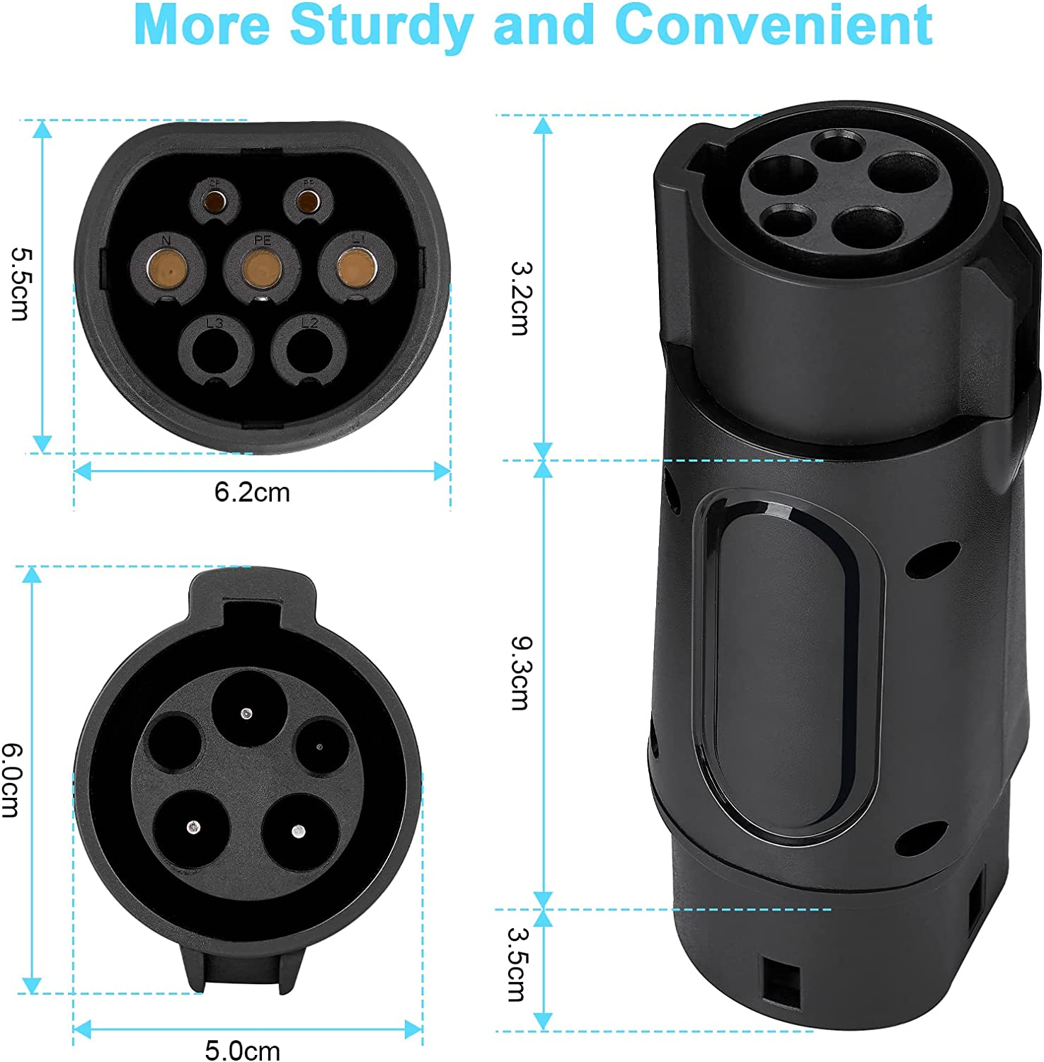Type 1 to Type 2 Ev Charging Cable Car Charger Adapter - 32A 7.2 Kw Type 1 to Type 2 Adapter Charger Adapter - 1-Phase Black Connector with Dust Bag, Protective Case image number 2