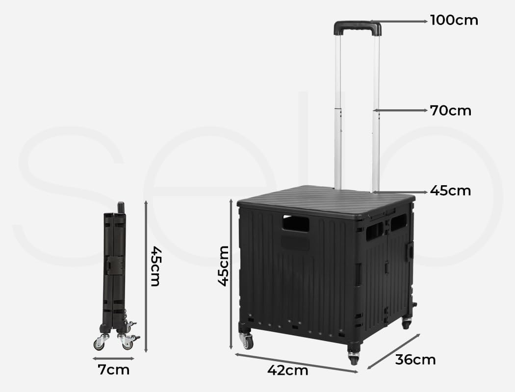 65L Shopping Trolley Cart Foldable Grocery Carts with Lid Collapsible Pack & Roll Folding Grocery Basket Crate Handcart Portable 4 Omni-Directional Wheels Aluminum Telescopic Handle (Black) - Black image number 2