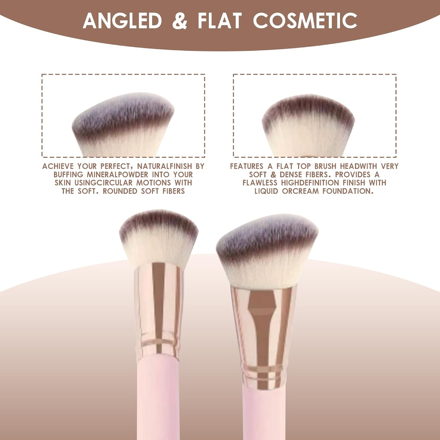 Foundation Makeup Brushes, 2Pcs Premium Double-Ended Makeup Brush (Flat/Angled/Angled Round/Tapered Top) for Buffing Liquid, Cream, Powder, Blending Contour Face Brush(Pink） image number 5