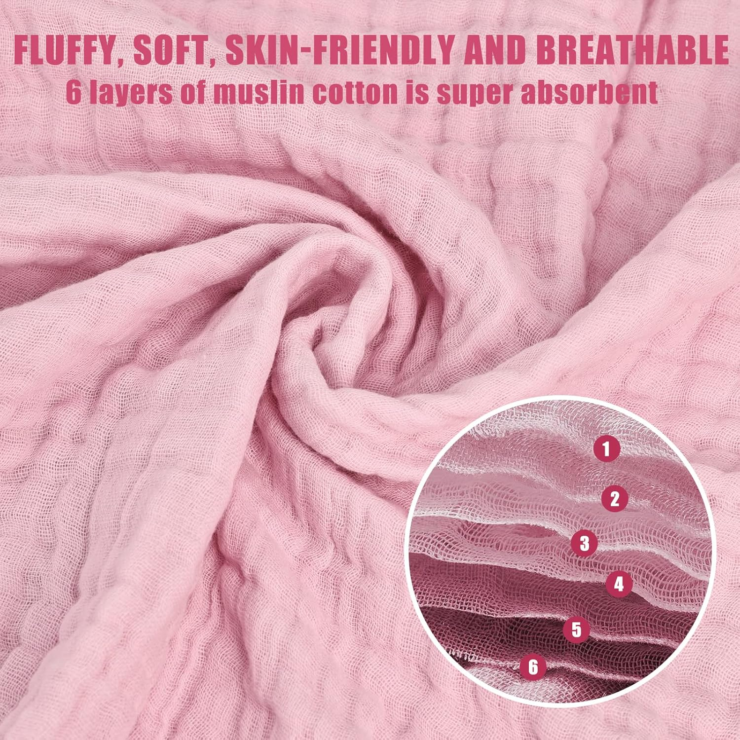 Winreal Muslin Baby Bath Towels Set 3 Pack Ultra Soft and Absorbent Baby Towels Infant Toddler Blanket Towel 6-Layer Natural Cotton Towel Suitable for Girl Boy 40X40 Inches (White&Pink&Grey) image number 3
