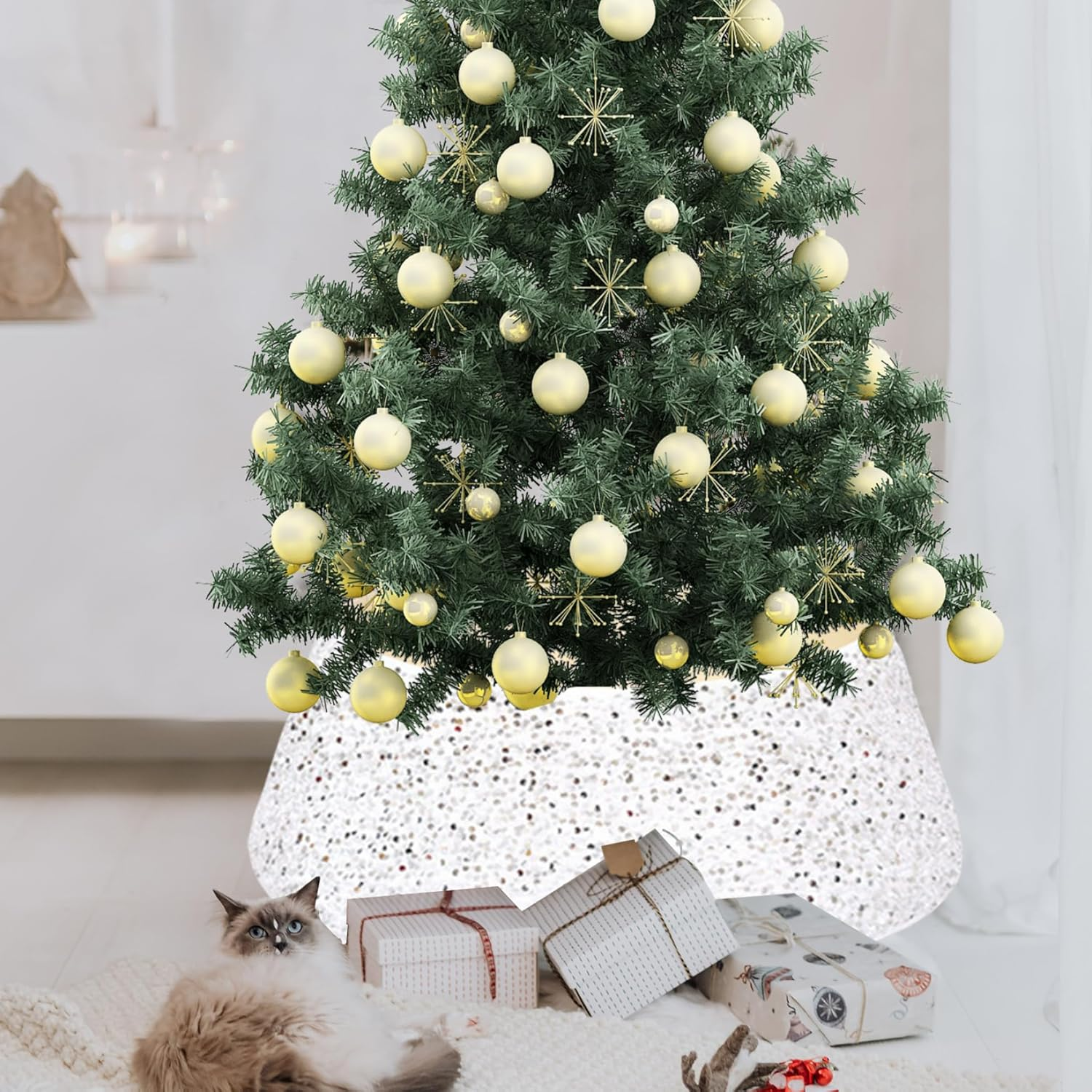 Christmas Tree Collar 28 Inch/70Cm Glitter Tree Collar Shiny Sequins Xmas Tree Skirt Ring Basket Cover Holiday Home Party Christmas Tree Decor Silver image number 3