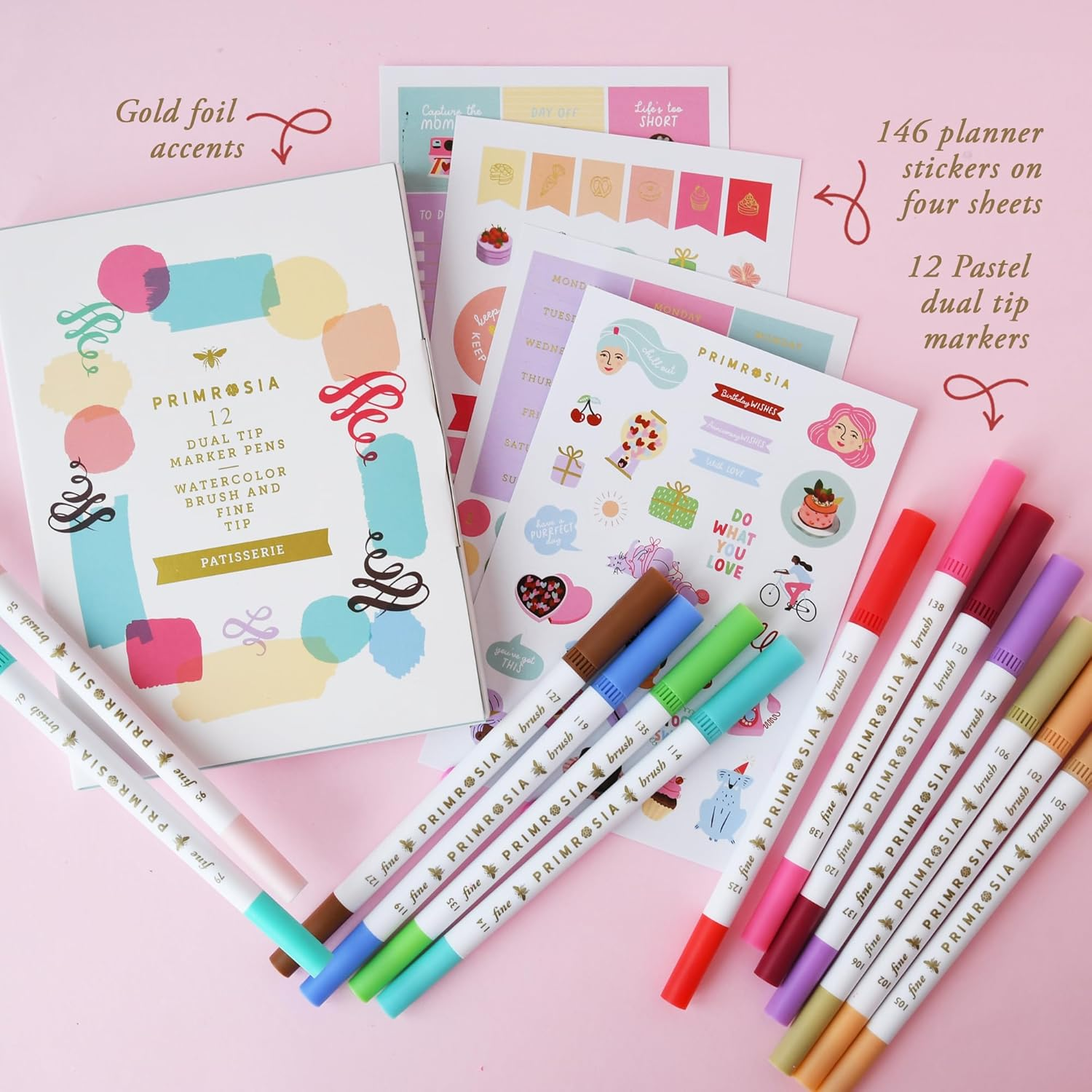 Primrosia 12 Dual Tip Watercolor Marker Pens - Fine Tip & Brush Tips, Professional Quality, 4 X Sticker Sheets, Blendable, Non-Toxic, Perfect for Calligraphy, Drawing & Coloring. (Patisserie) image number 5