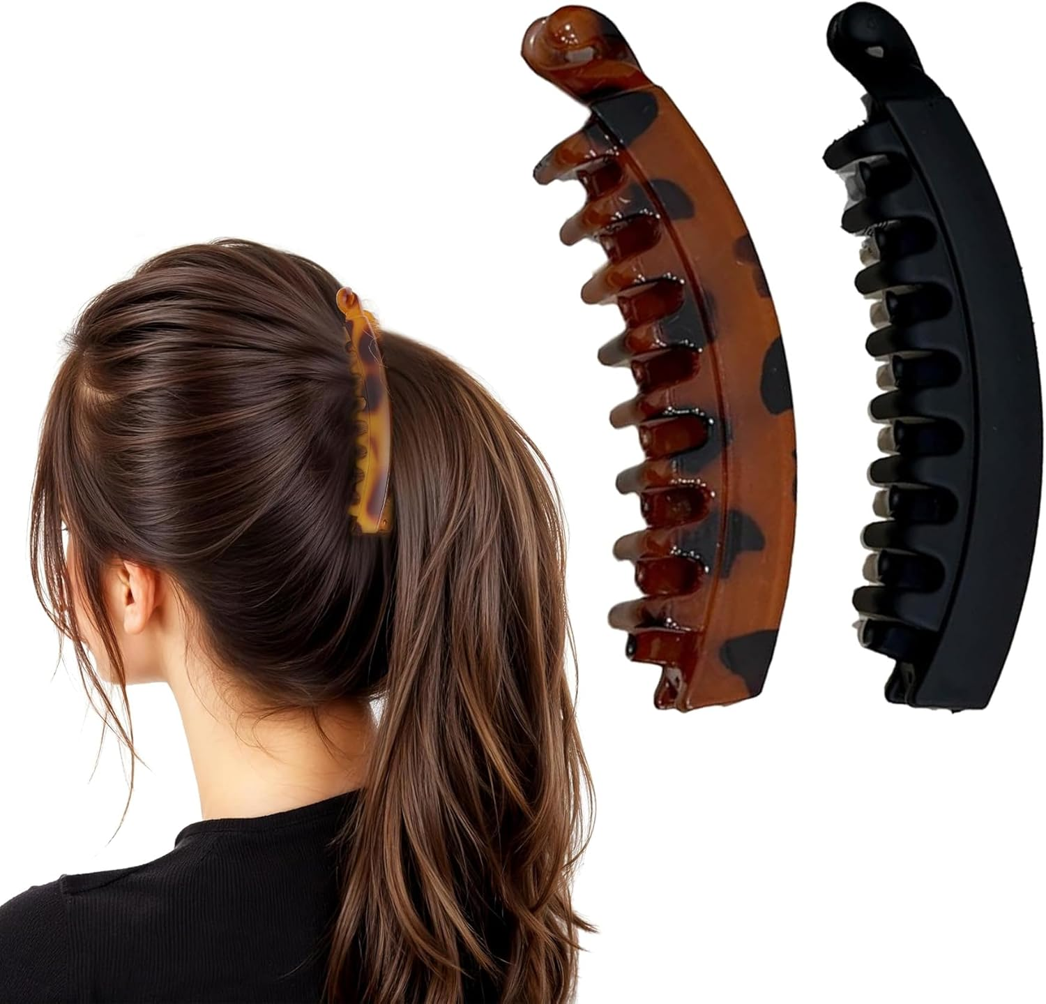 Pack of 2 Banana Hair Clips for Women, Vintage Banana Clip, Non-Slip Banana Clip, High-Quality Banana Clips, Robust Hair Accessories, (Black & Tortoiseshell), Large Clips for Easy Styling