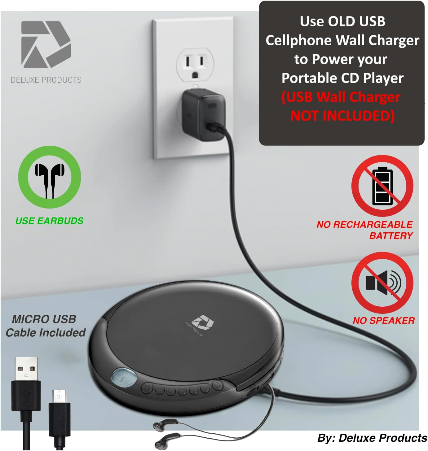 Deluxe Products CD Player Portable with 60 Second anti Skip, Stereo Earbuds, Includes Aux in Cable and AC USB Power Cable for Use at Home or in Car