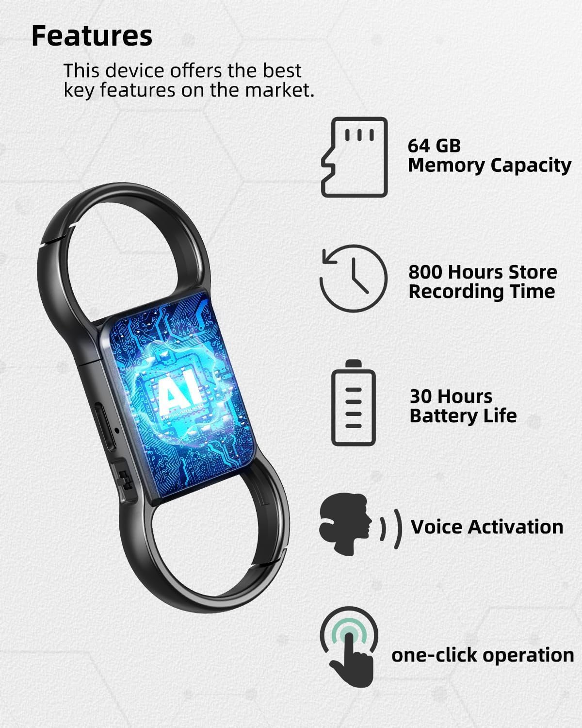 3072 Kbps Voice Recorder Mini Keyring, Audio Recorder with Triple Noise Reduction, Voice Activated Listening Device with 800 Hours Capacity, HD Recorder Device with Playback image number 6