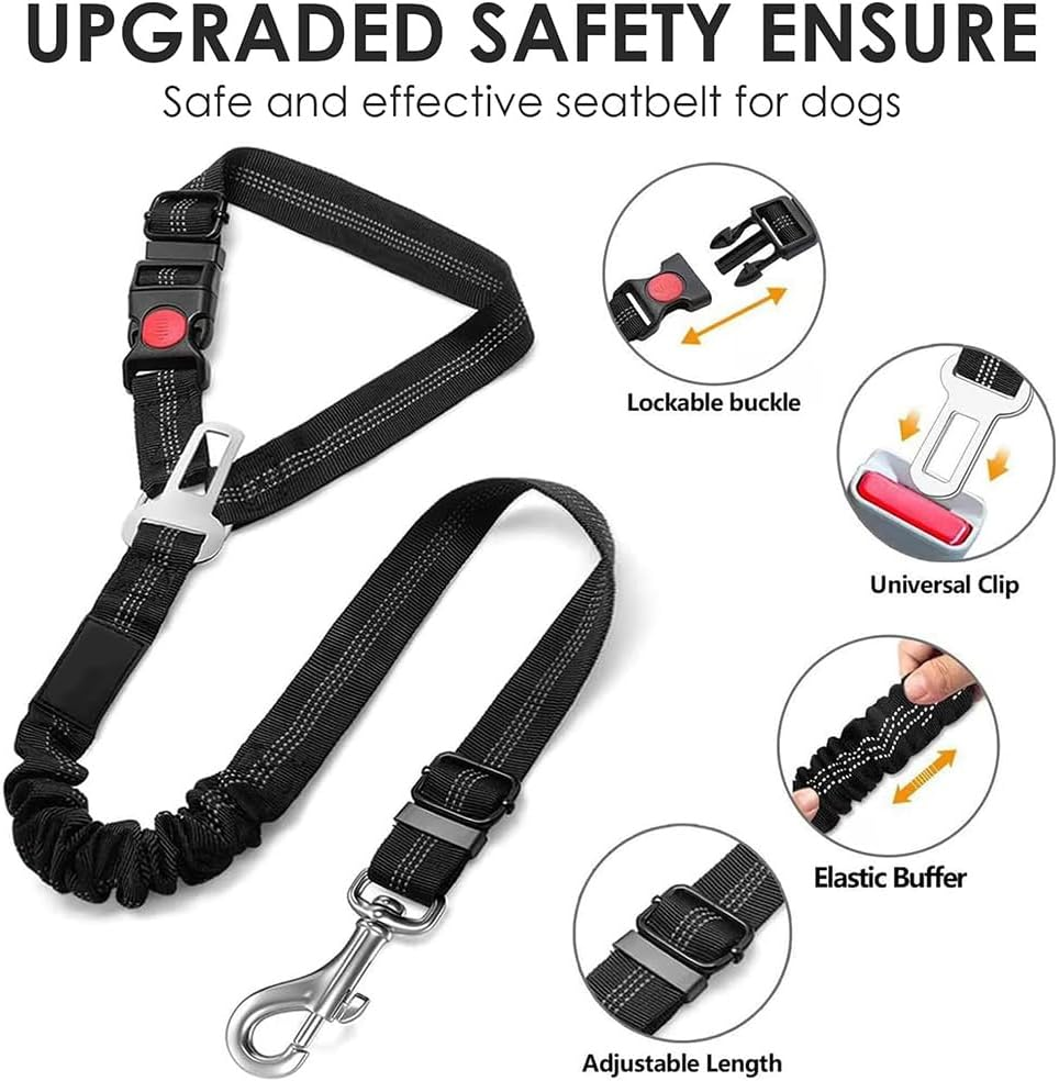 2 Pack Dog Car Seat Belt, Dog Seat Belts for Cars UK with Adjustable Heavy Duty Nylon and anti Shock Elastic Bungee Buffer (Black and Red) image number 1