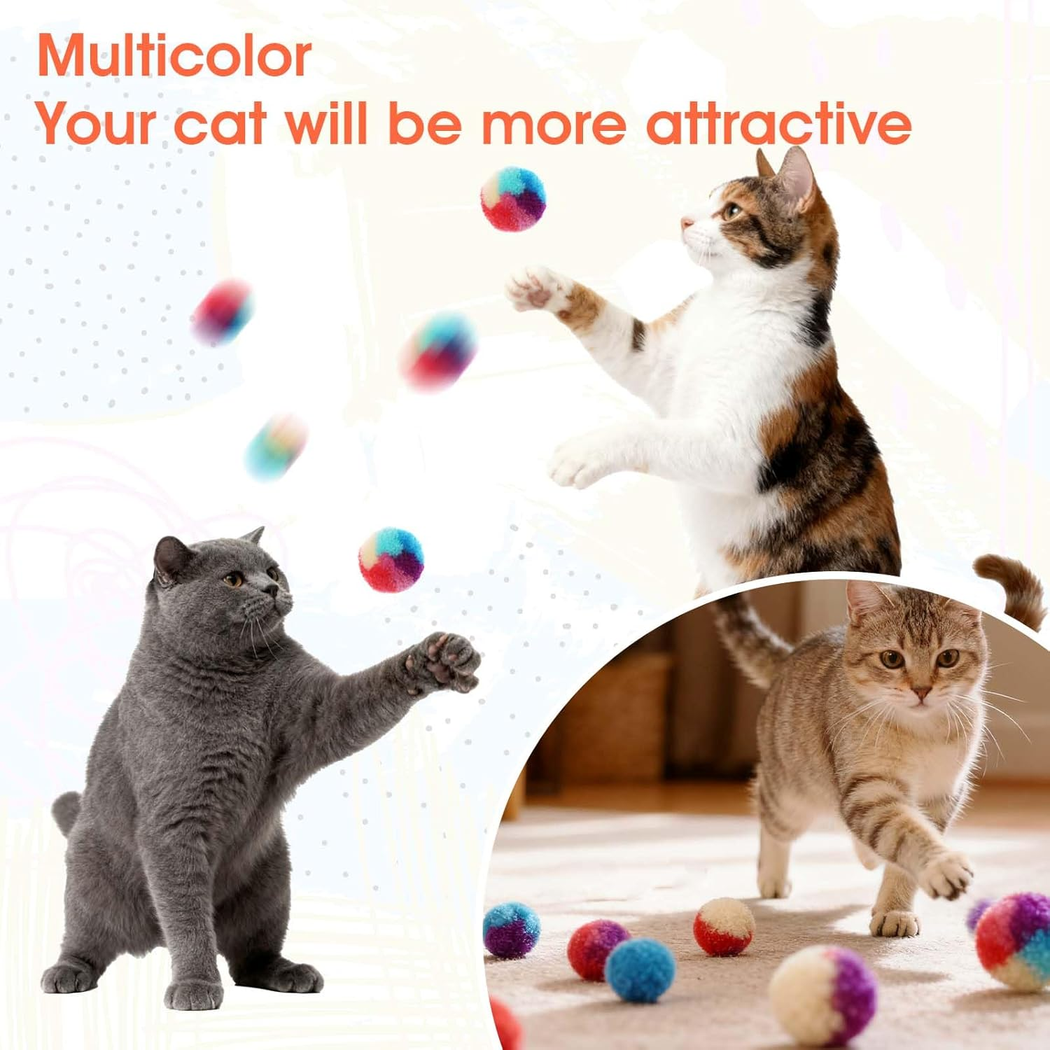 Xindojuz 20 PCS Cat Pom Pom Balls, Assorted Color Fur Toy Kitty Yarn Puffs, Small Plush Interactive Soft Fuzzy Kitty Toy Balls for Indoor Pet Cat Kitten Teething, Chasing & Self Play, 0.98 Inch image number 6