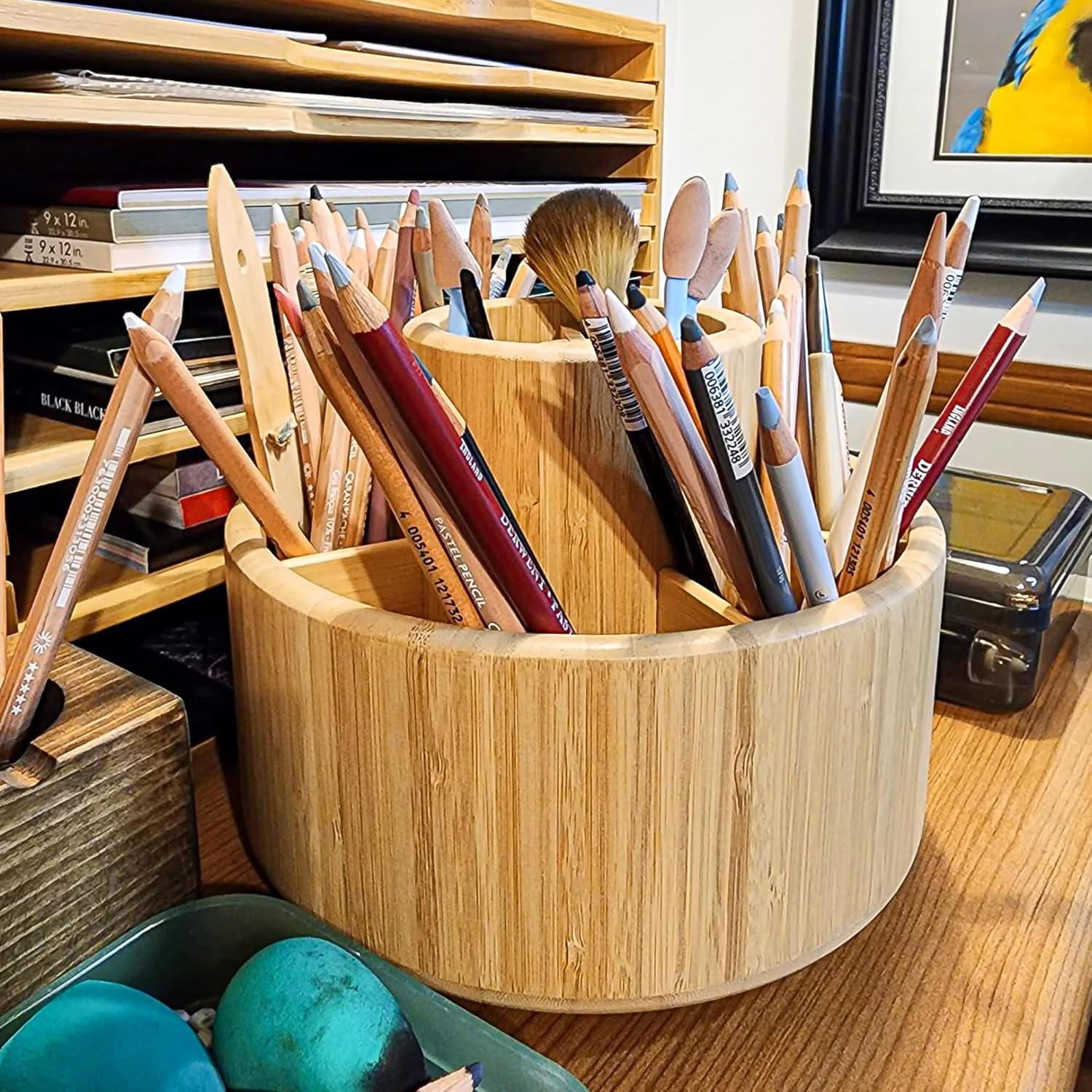 Vaefae Bamboo Pen Holder Organizer, round Rotating Art Supply Organizer, Hold 420 Pencils, Desktop Storage for Marker Pens, Colored Pencil, Art Brushes, Etc. image number 3