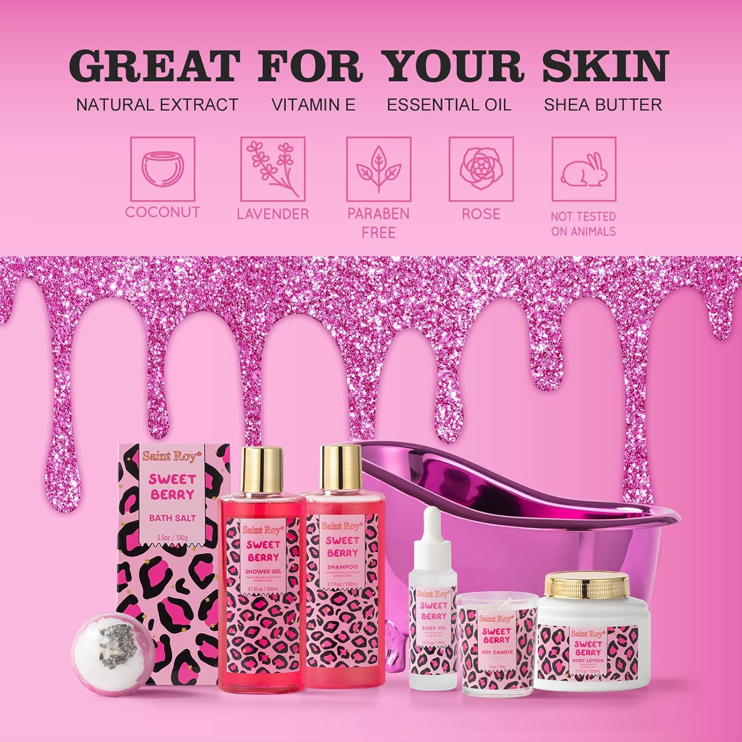 Home Bath Spa Gift Basket for Women Sweet Berry Bath Sets for Teens Gift Aromatherapy Home Spa Kit with Shower Gel, Shampoo, Body Oil & More Women'S Spa Gift Sets Best Gifts for Her Mothers Day image number 2