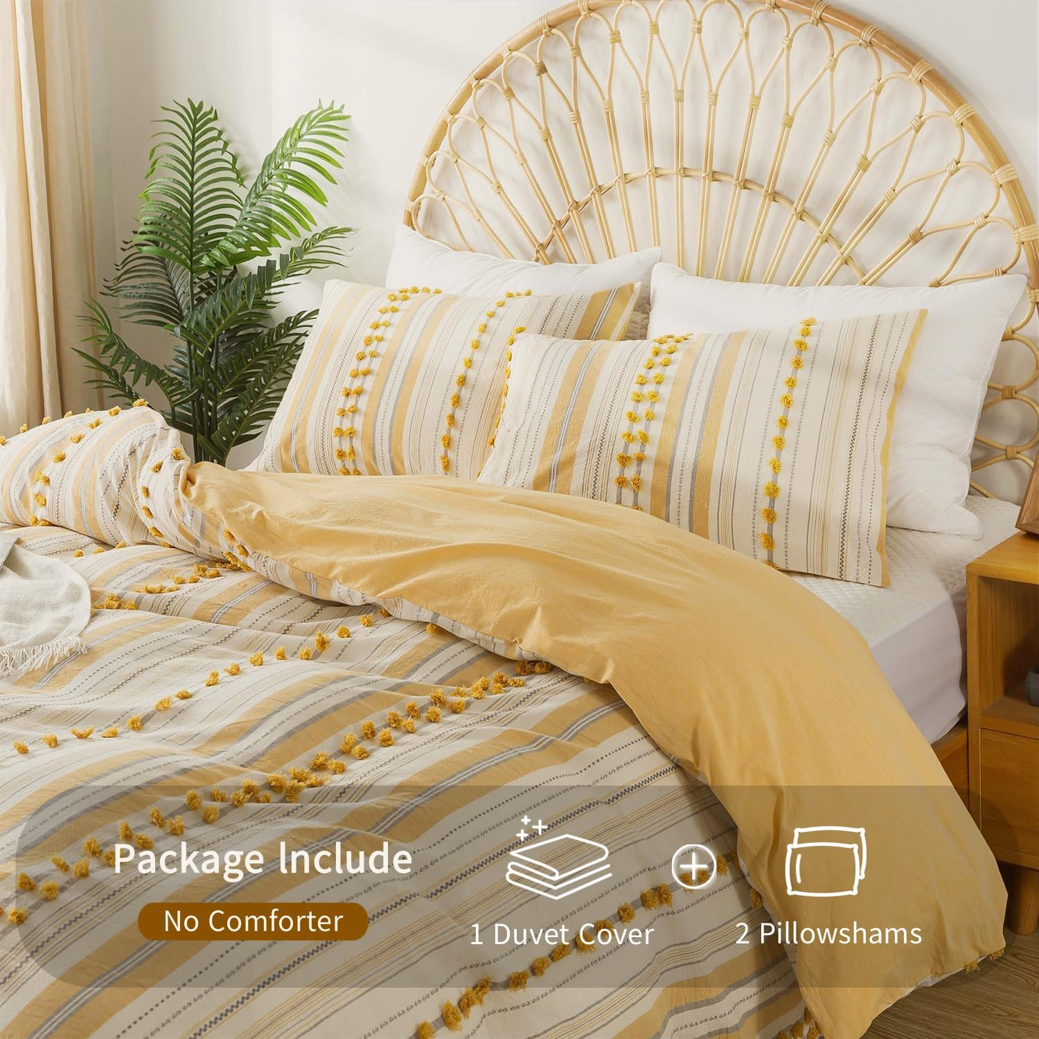 La Sheer Washed Cotton Queen Size Duvet Cover Set - Tufted Dots Boho Chic Bedding for All Seasons, Striped Pom Pom Bedding Linen like Textured Breathable Durable Soft Comfy (Yellow, 90X90'') image number 6