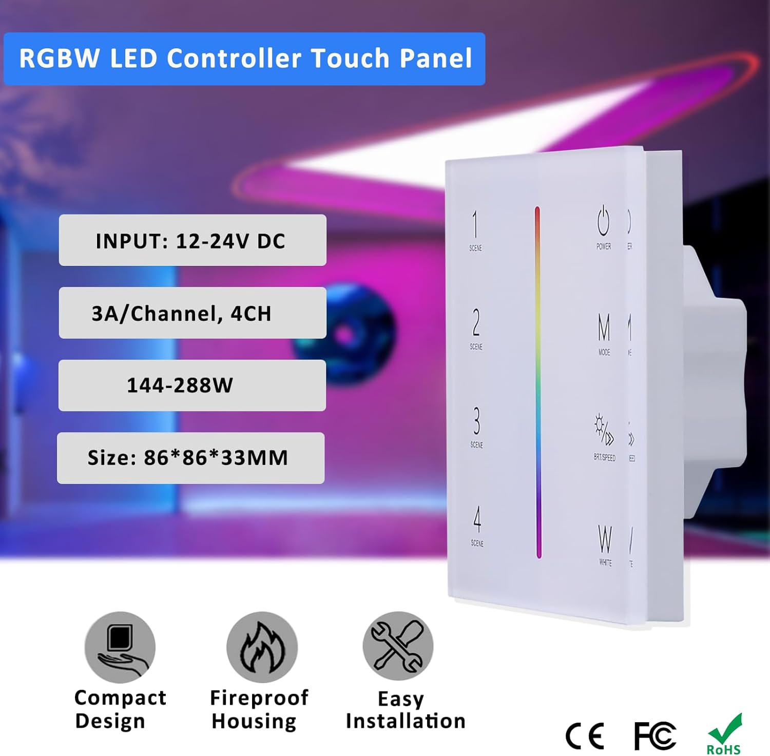 JOYLIT RGBW LED Controller 12-24V 4 Channel X 3A/CH, 2.4Ghz RF Wireless Wall Touch Panel LED Controller for RGBW CCT RGB LED Strip Colour Changing and Dimming (86 X 86 X 33 Mm) image number 6