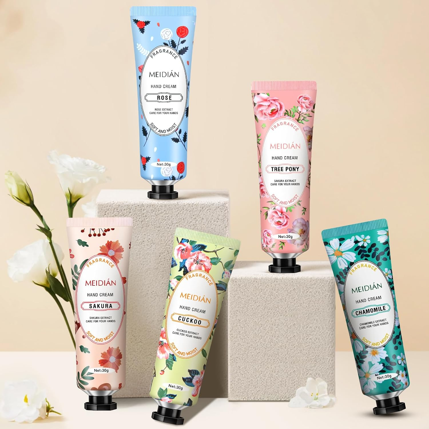5 Pcs Natural Flower Hand Cream for Dry Skin - Intense Moisturizing with Rose, Cuckoo, Tree Peony, Sakura & Chamomile - Paraben-Free, Non-Greasy Formula for Soft, Smooth Hands image number 1