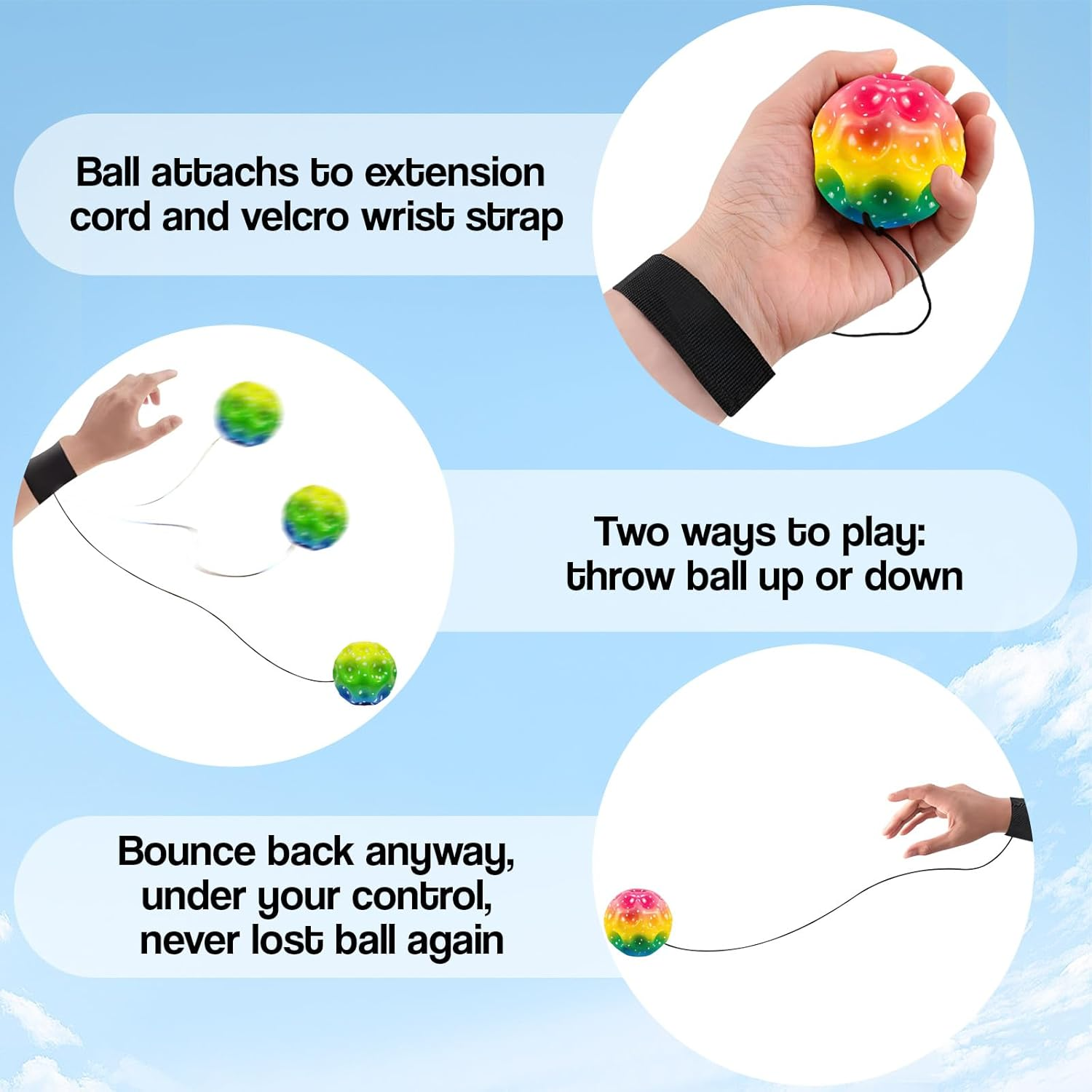 ZCOINS 4 Pcs 2.5'' Rubber Wrist Return Bounceback Ball for Kids, Wrist Rebound Bouncy Hand Ball with Wristband & Elastic String for Outdoor Game Sport Training image number 4