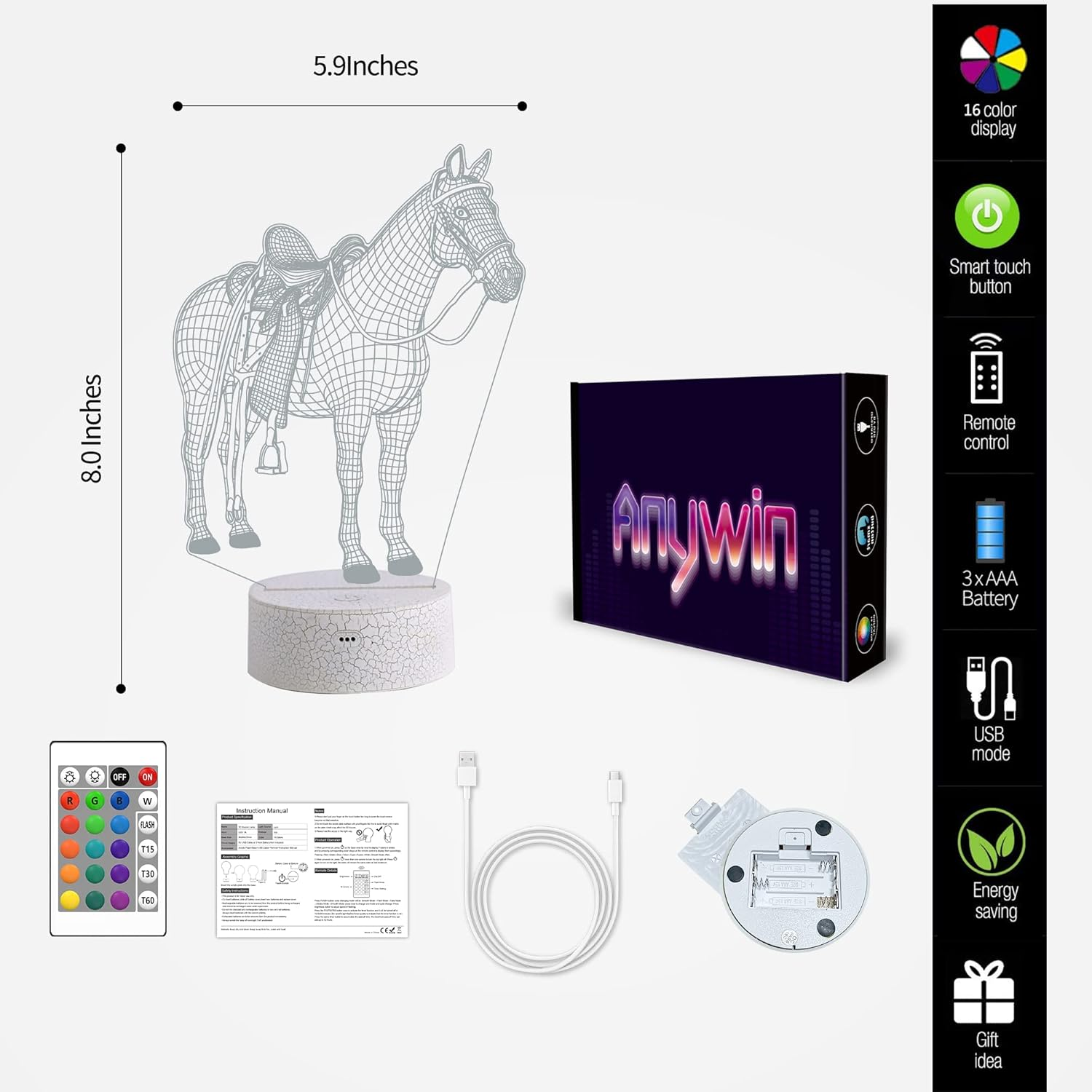 Horse Gifts for Girls, Anywin Horse Night Light with Remote Control & Timer & Dimmer for Home Decor, Gifts for Birthday, Xmas, Holidays, Back to School for Girls Kids Granddaughter Teen image number 2