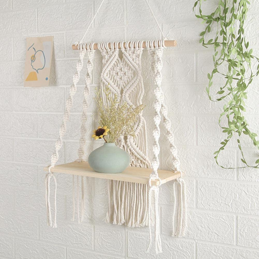 Hiuxume Macrame Wall Hanging Shelf Bohemian for Bedroom - Woven Rope Macrame Wall Art as Boho Bathroom Shelf Decor - Plant Hanger with Crochet Wall Hangings