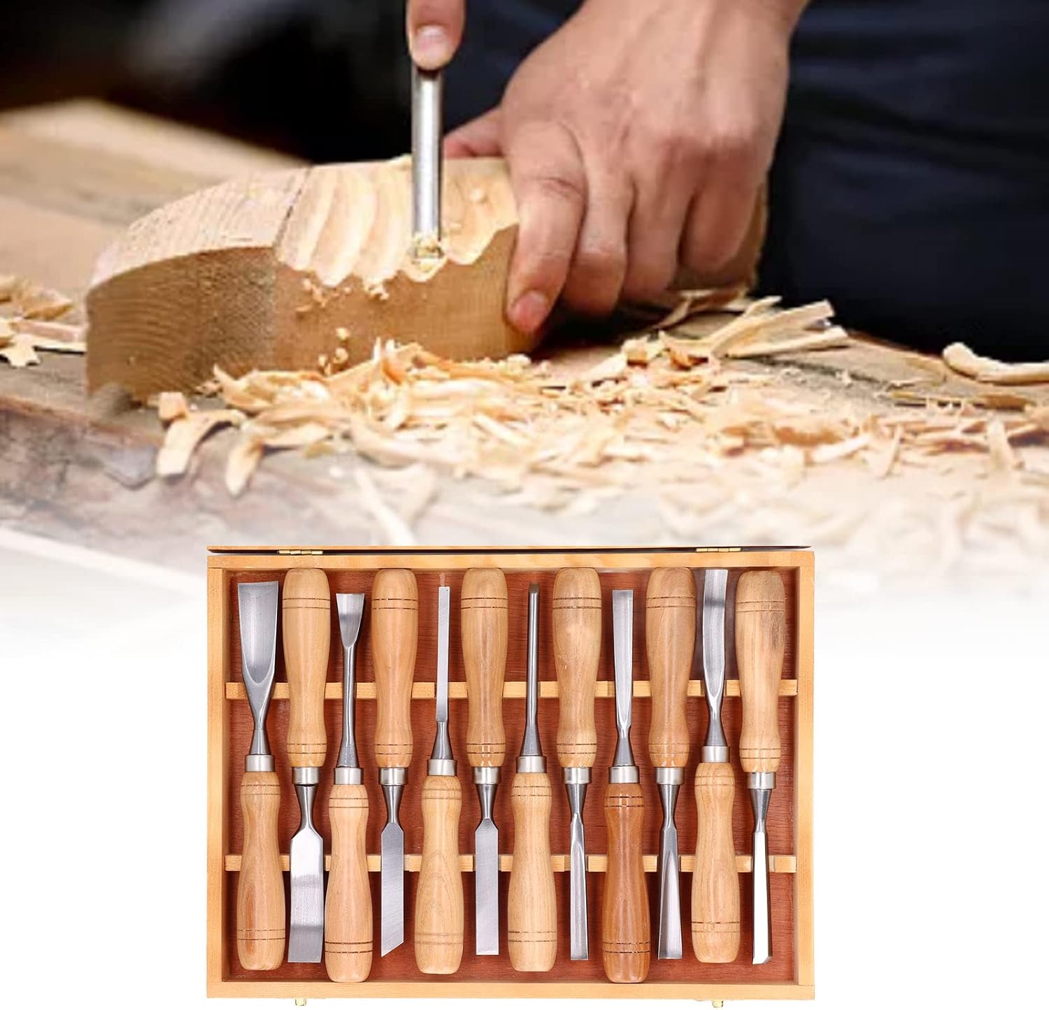Wood Carving Tools Set, 12PCS Wood Carving Kit for Beginners, Carving Knife Sharpener with CRV Blade Wooden Handle, Engraving Chisel Set for DIY Handicrafts image number 3