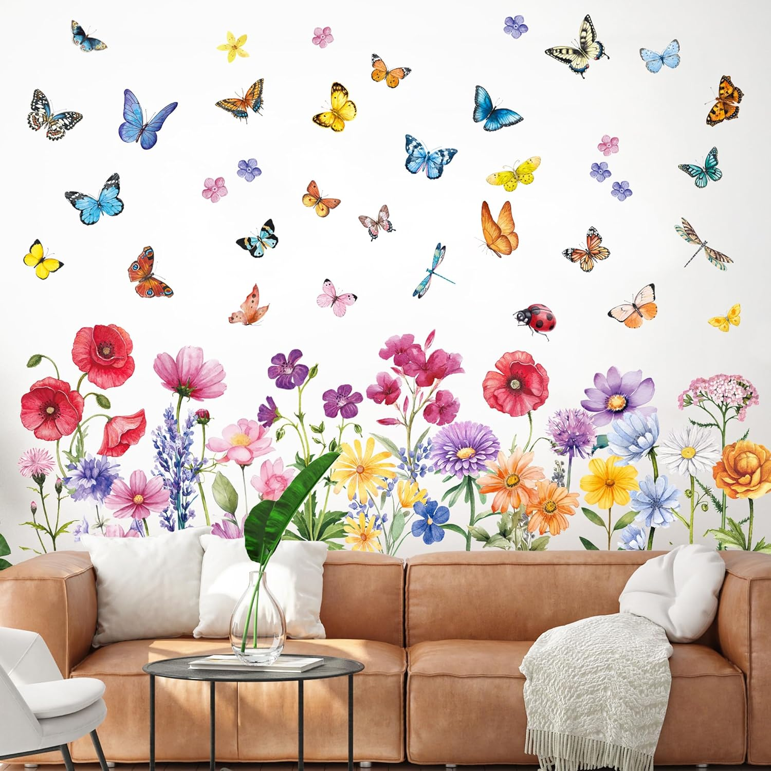 Garden Flower Wall Stickers - Butterfly, Daisy, Wildflower Plants Decals for Bedrooms, Living Room, Nursery, Home Office, Sofa Decorations image number 5
