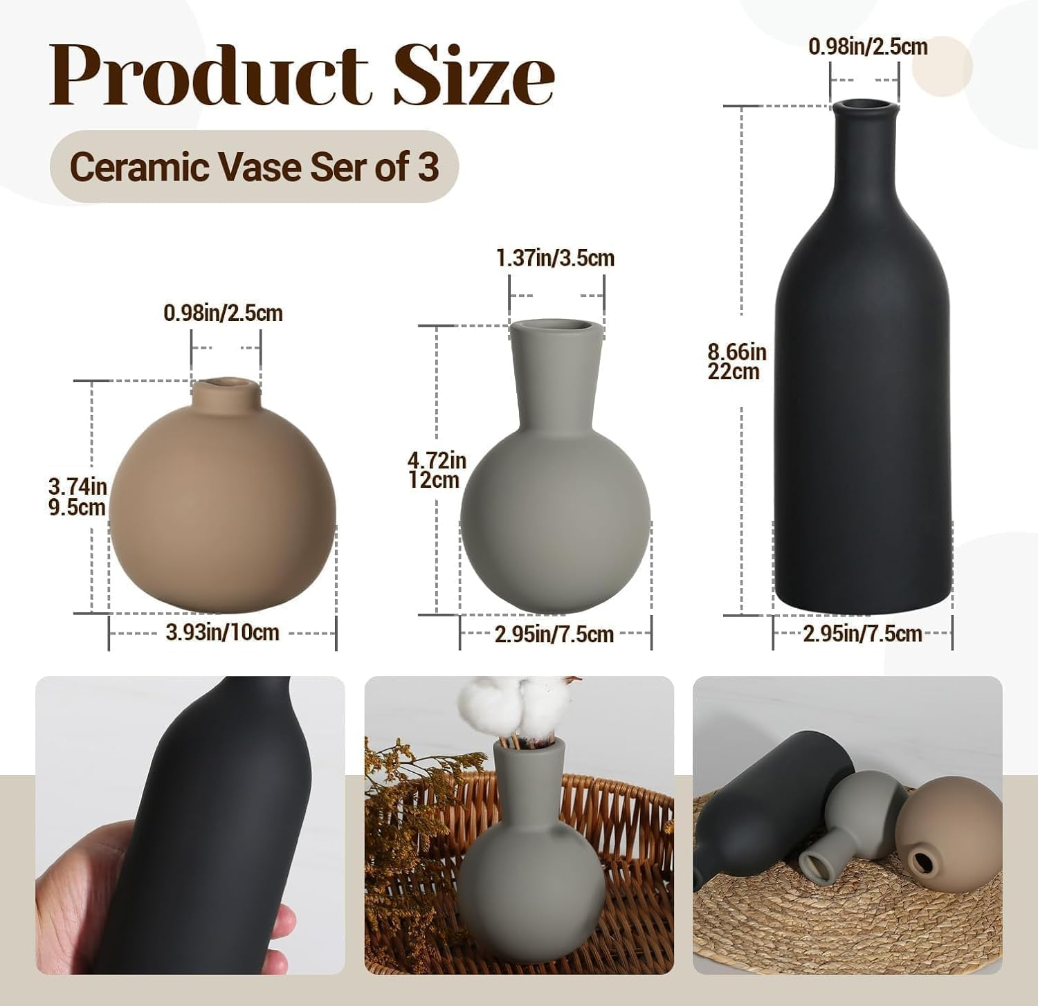Ceramic Vase - Handmade Pottery Neutral Tone Home Decor for Floral Arrangements, Table Mantel Tray Decor - Modern Farmhouse Vases for Living Room Bedroom Kitchen Entryway (Multicolor- 3 PCS) (Black) image number 2