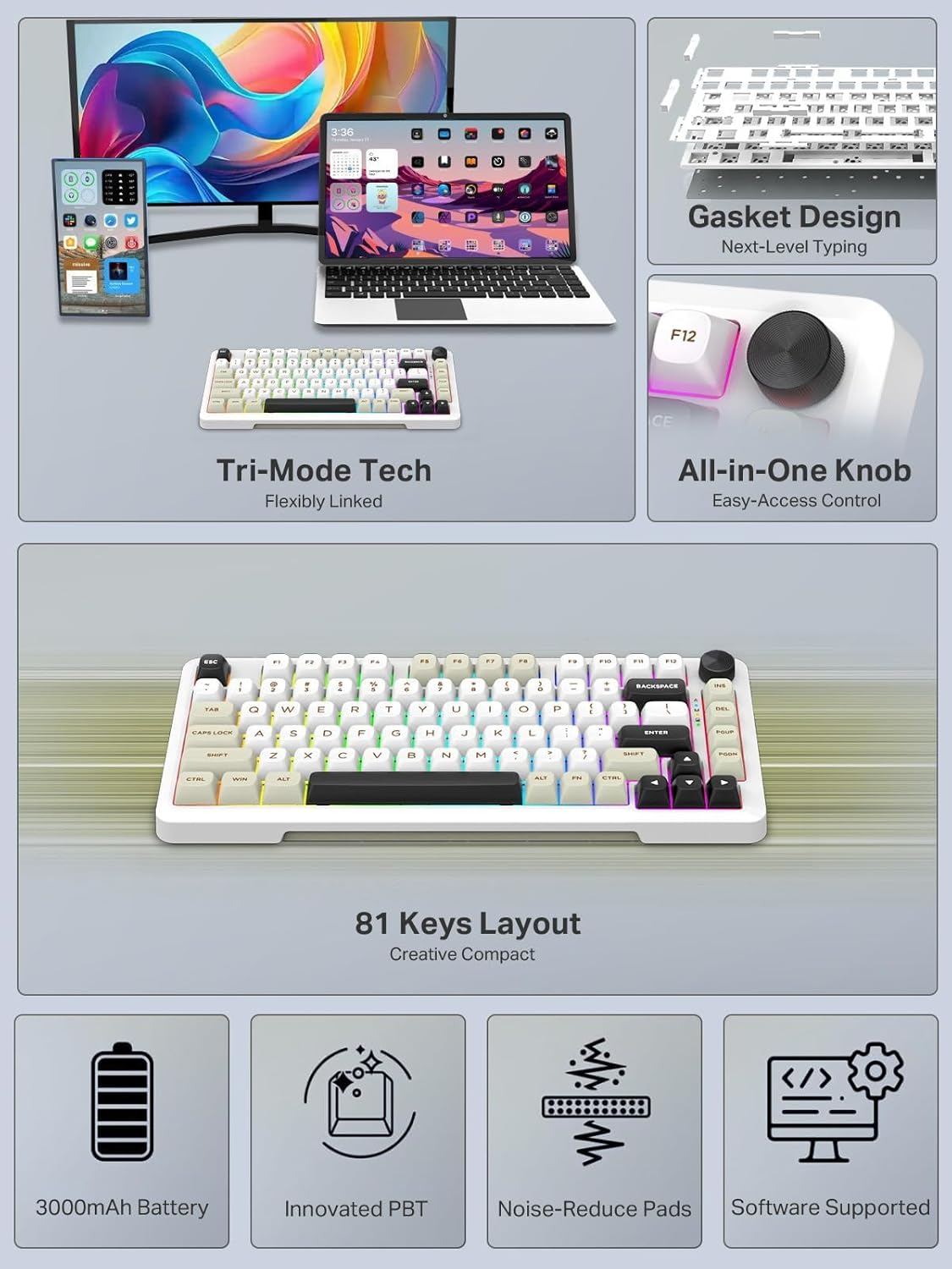 E-YOOSO Z82 Wireless Mechanical Keyboard, 3-Modes 81 Keys Compact, 75% Gasket Hot Swappable RGB Gaming Keyboard with Dedicated Knob Control and Sound Absorbing Pads, PBT Keycaps image number 6