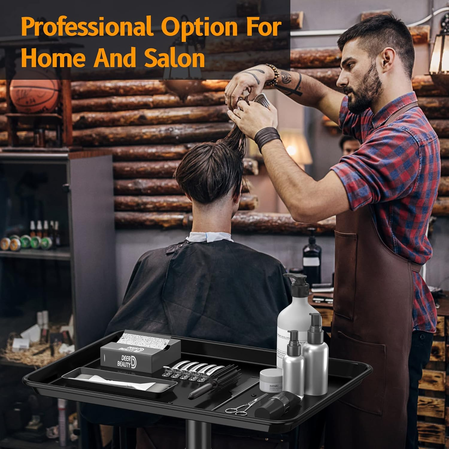 DEER BEAUTY Salon Tray on Wheels - Premium Aluminum Tattoo Tray Rolling Trolley - Adjustable Salon Service Rolling Tray Hairdresser Cart with Clinic Spa Rolling Tray Wheels (Black) - Black image number 5