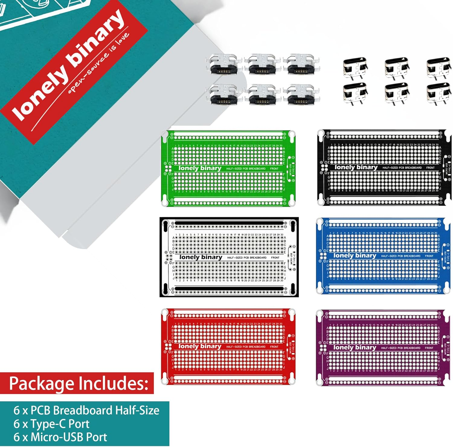 Lonely Binary 6-Pack Prototype PCB Half-Size Breadboards &ndash; Assorted Colors with Type-C & Micro USB Ports, Solderable Power Boards for Arduino, Raspberry Pi, ESP32, and DIY Projects