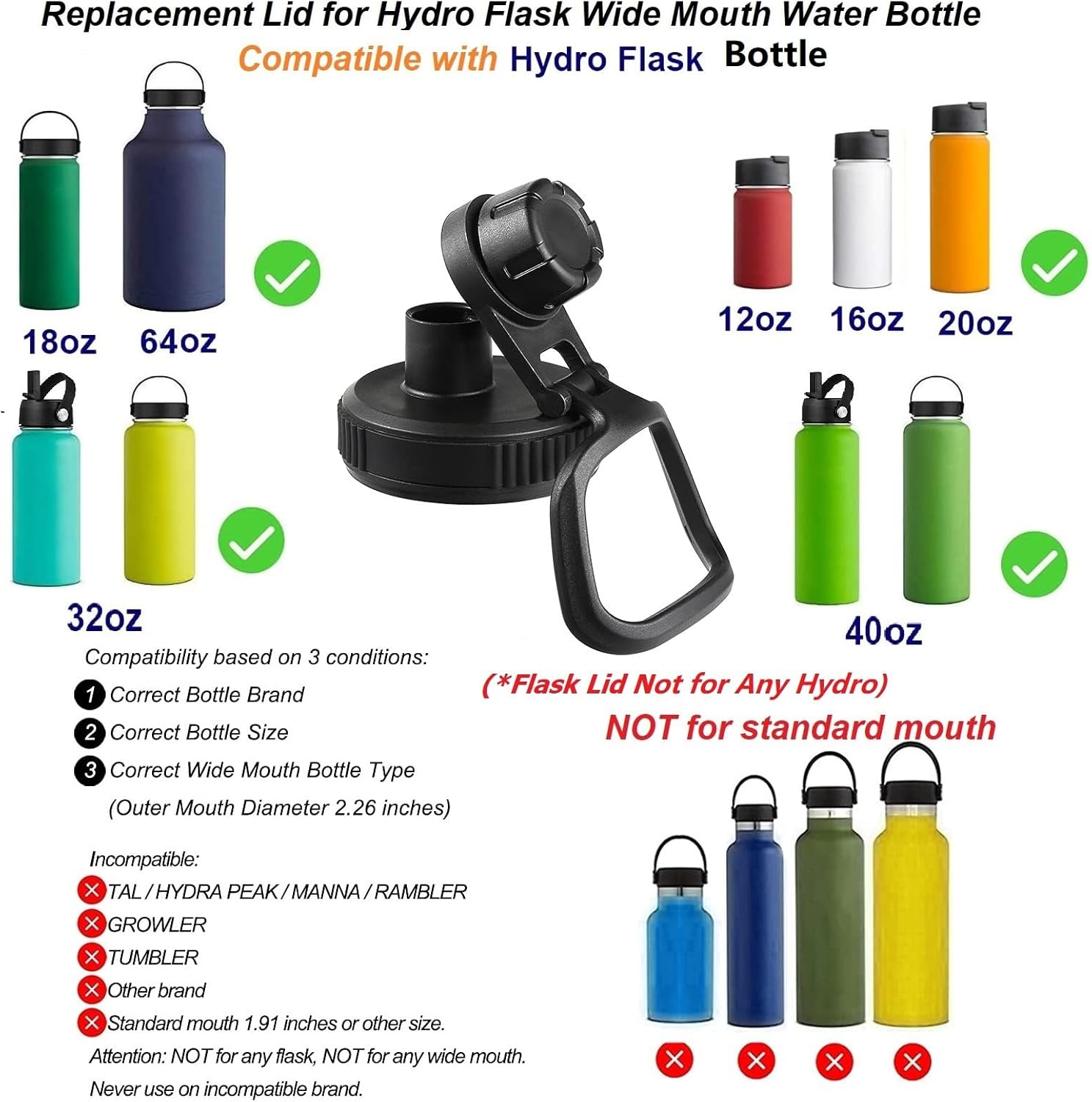 Lid for Hydro Flask Wide Mouth Sport Water Bottles, Spout Lid for Hydroflask 18 Oz 32 Oz 40 Oz Wide Mouth Bottle Lid Replacement Cap (Black) image number 5