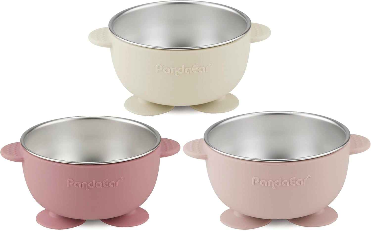 Pandaear 3 Pack Stainless Steel Suction Baby Bowls & 3 Baby Feeding Spoons | Non-Slip Stay Put Bowls & Soft Silicone First Stage Spoons for Toddlers, Bpa-Free Baby Led Weaning Set (Pink Rose Linen)