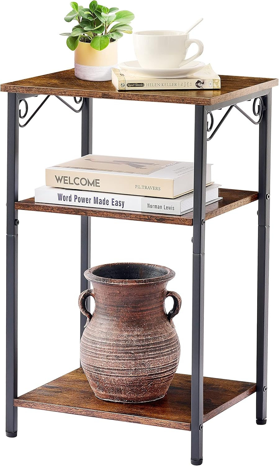 Hoctieon 3 Tier Tall End Table, Slim Night Tables, Narrow Side Table with Storage, Nightstand for Small Spaces, Metal Frame, for Living Room, Bedroom, Sofa Couch, Hall, Easy Assembly, Rustic Brown image number 5