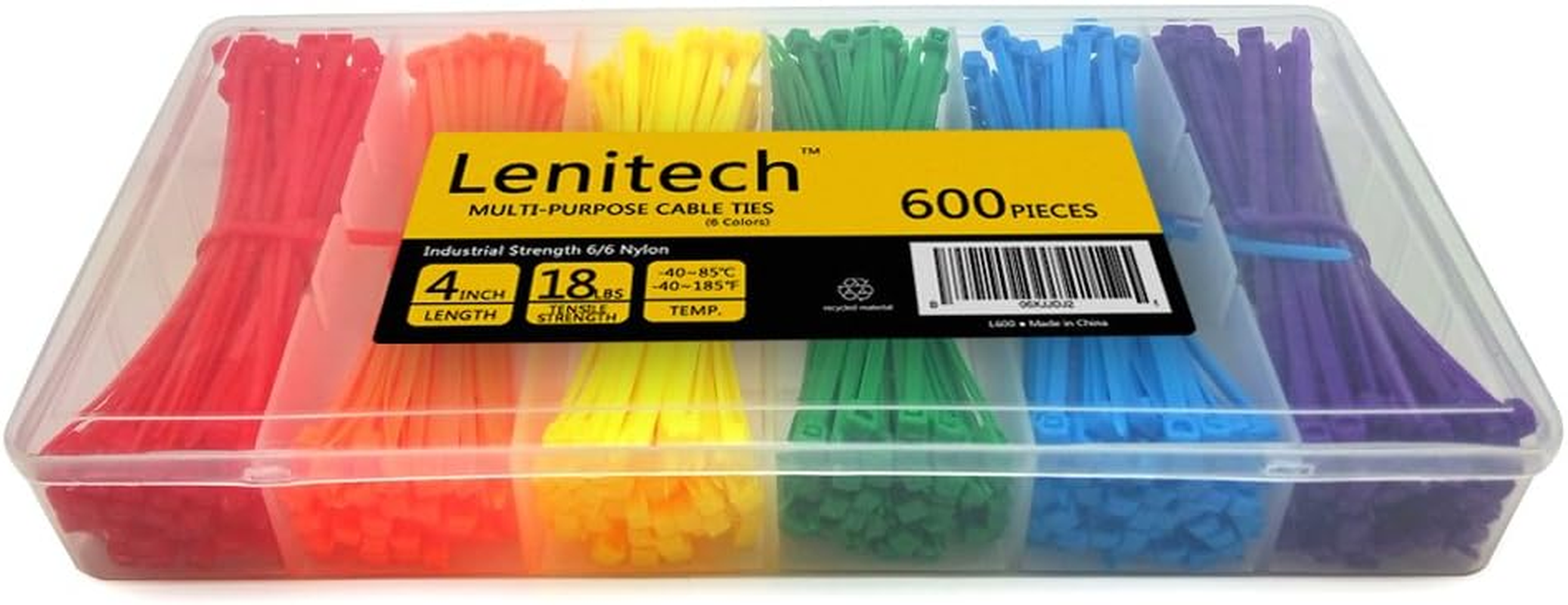 Lenitech 4" Multi-Purpose Cable Ties (600 Piece), Assorted Colored