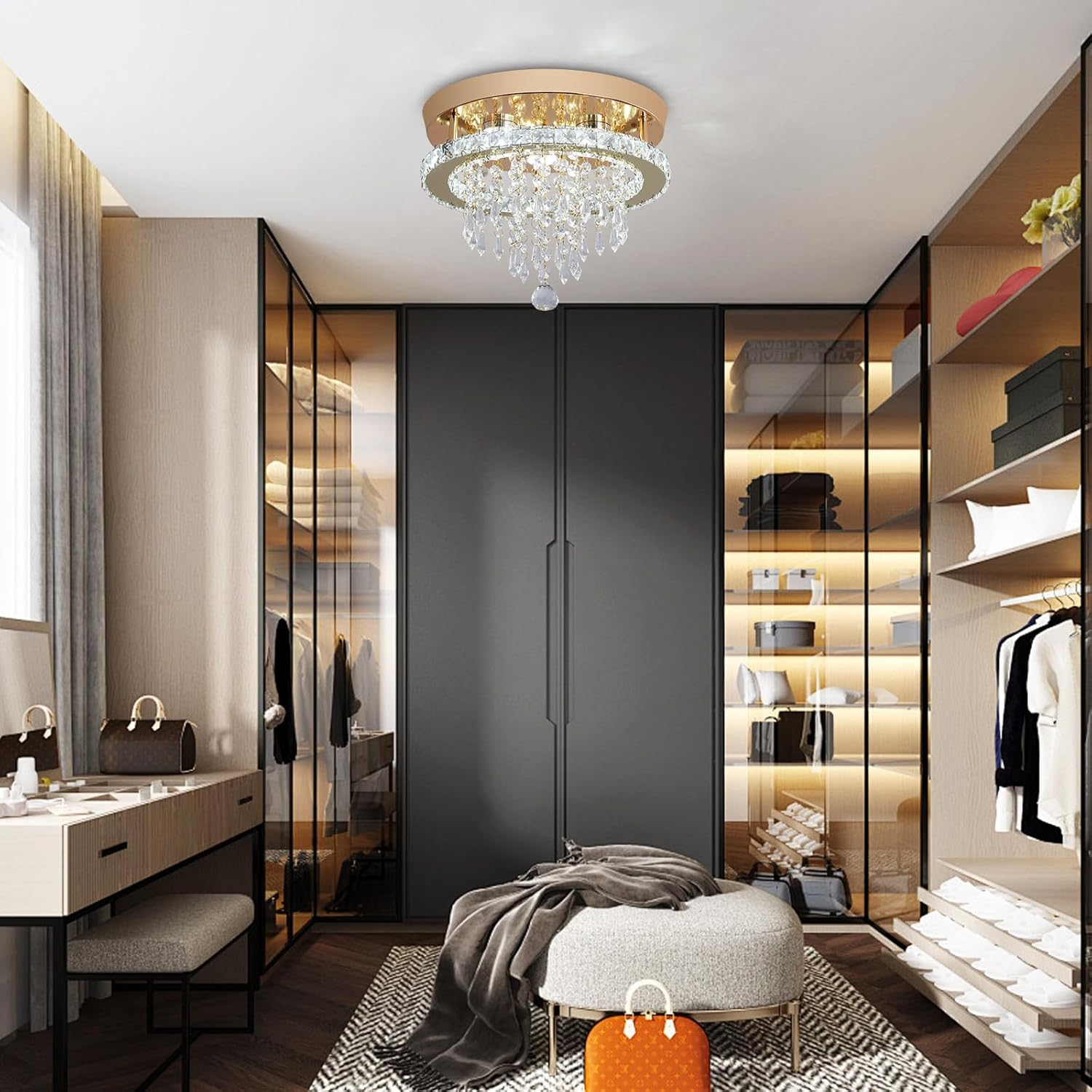 Deckrico Modern Gold Crystal Ceiling Light - Flat LED Light for Hallway, Bedroom, Kitchen, Wardrobe - Cool White image number 1