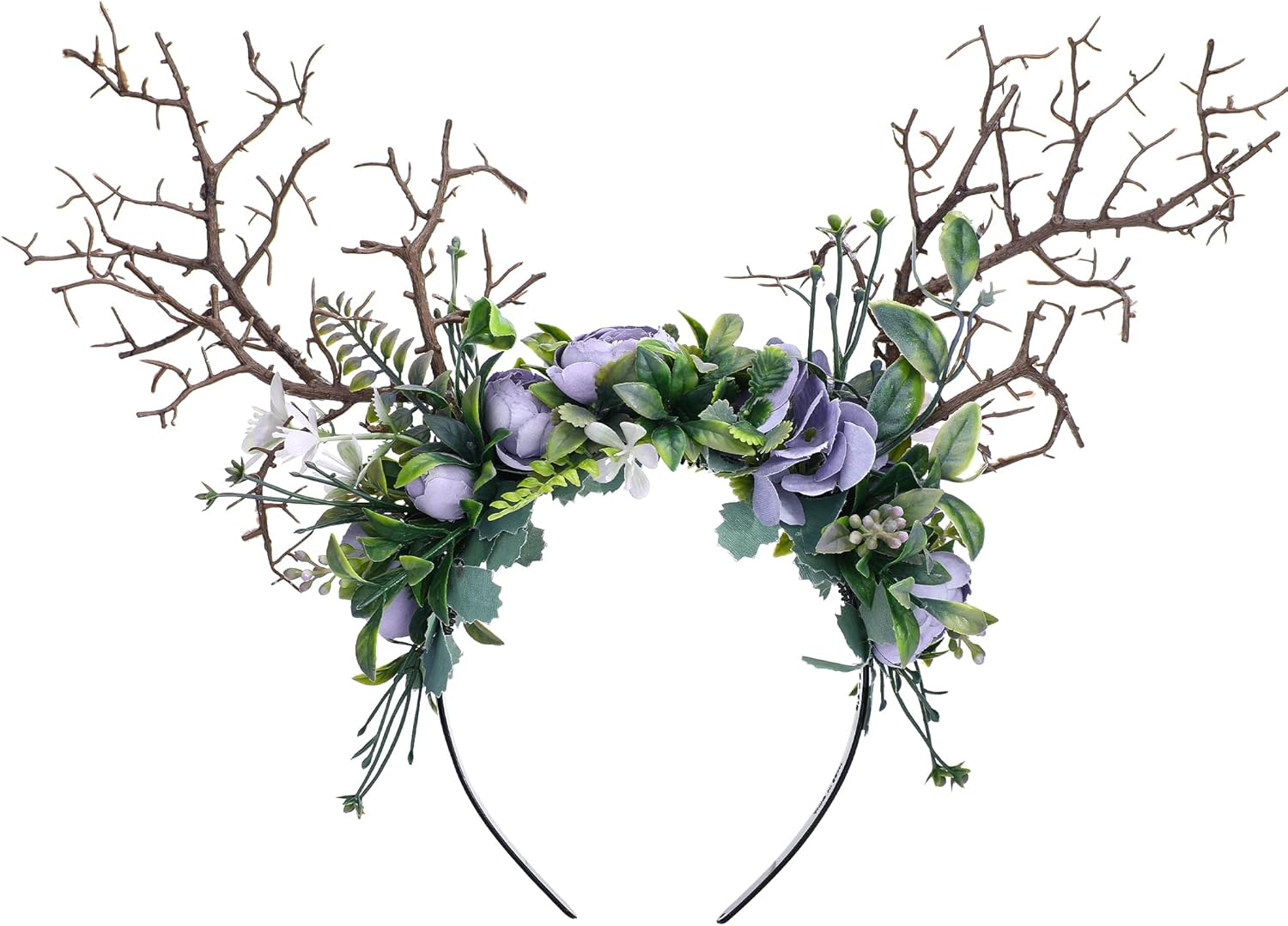 MOSTORY Handmade Forest Crown Antler Tree Branch Headband Purple Rose Flower Headpiece Woodland Fairy Hair Garland for Women Carnival Mardi Gras Renaissance Fair Fae Ball Prom Accessory image number 3