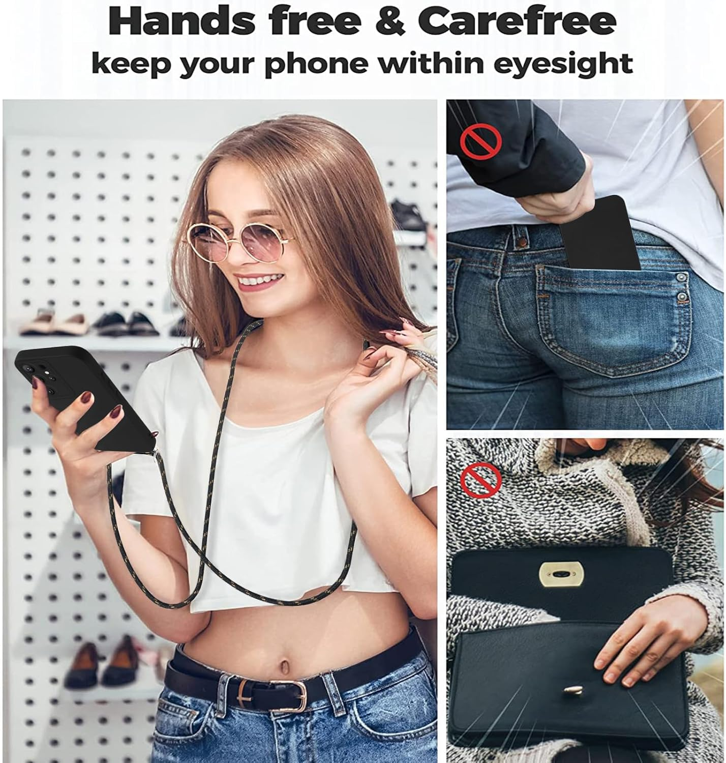 Vauki Mobile Phone Strap Case for Samsung Galaxy S25 Ultra with Strap, Mobile Phone Case with Cord, Soft Silicone TPU Shockproof Bumper with Chain for Hanging for Samsung S25 Ultra, Lanyard Black image number 6