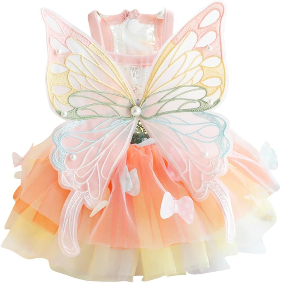 Rainbow Butterfly Dog Dresses for Small Dog Girl Puppy Lace Tutu Princess Dress Cat Outfit Pet Butterfly Costume for Kitten Chihuahua Yorkie Pomeranian (Pink, Small)