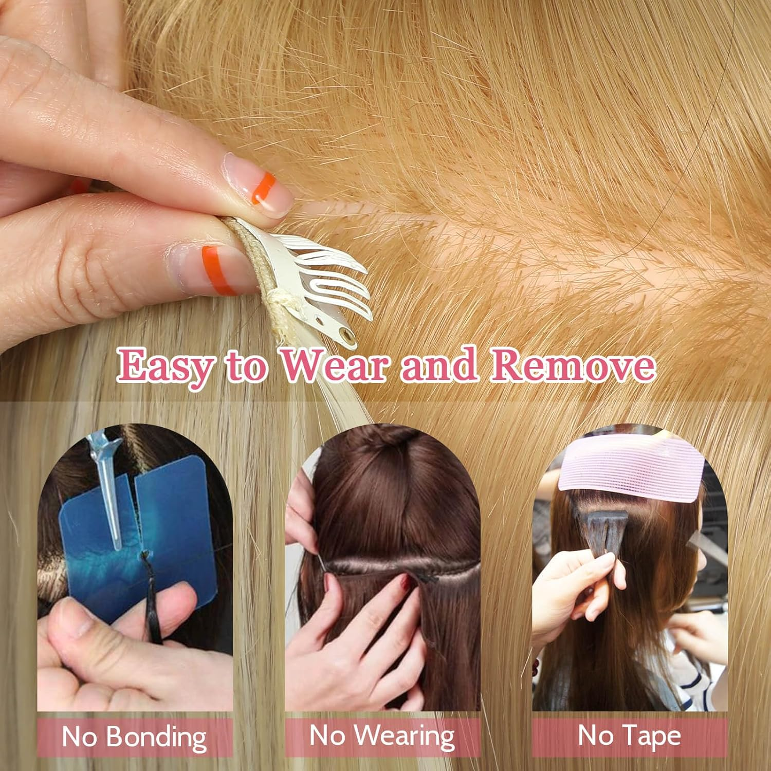 FINE plus Clip-In Extensions, 6 Pieces, Long Wavy Hair Extensions, Synthetic Extensions, Double Weft Hair, Full Head, Seamless Hairpiece for Women (77.33 Cm, Dark Blonde with Highlights) image number 6