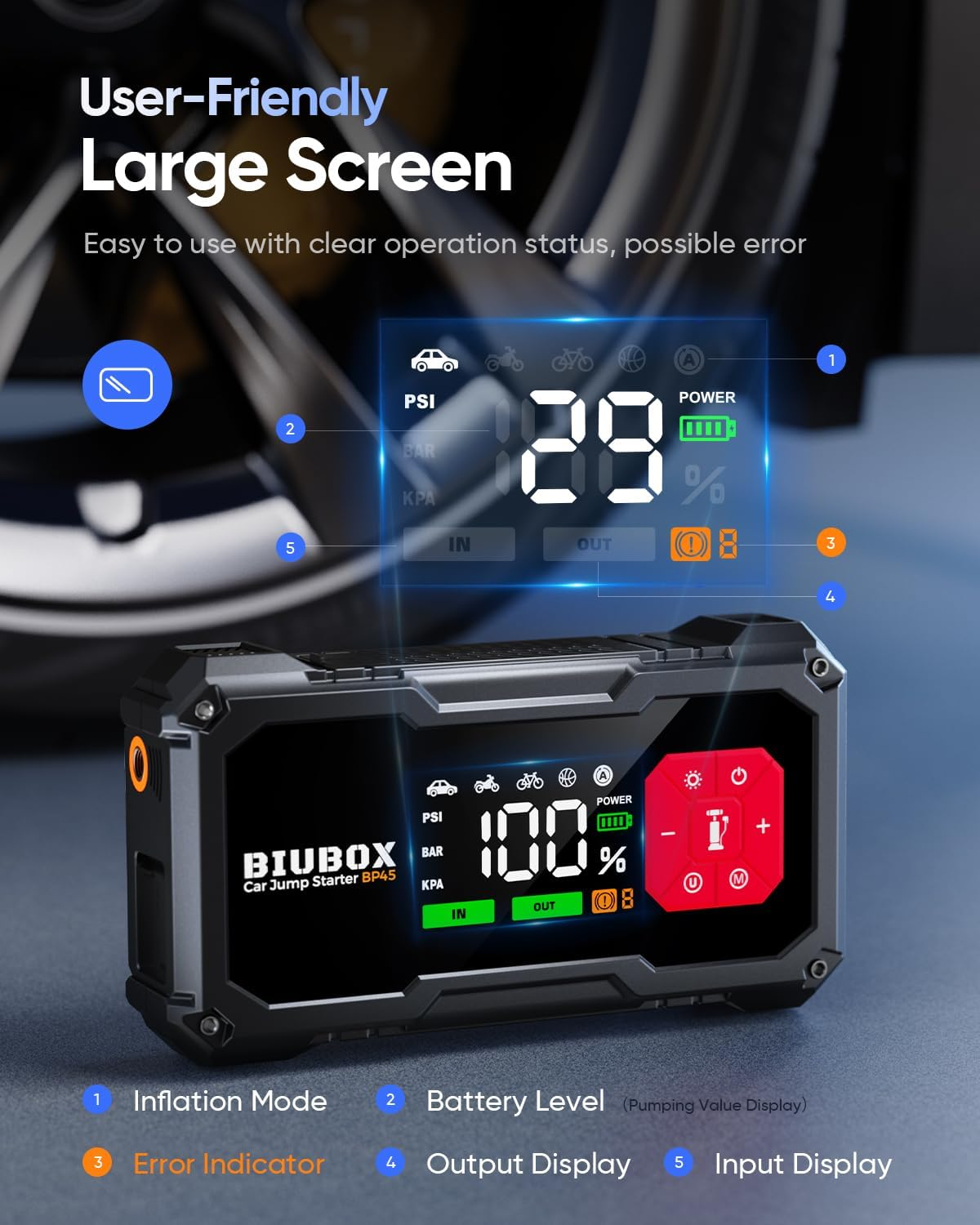 Car Jump Starter with Tyre Inflator 150PSI, Biubox 4500A 12V Portable Car Battery Jump Starter Power Bank Charger with Air Compressor, Jumper Leads, LED Display, Lights, Gloves (10L Gas/9L Diesel) image number 1