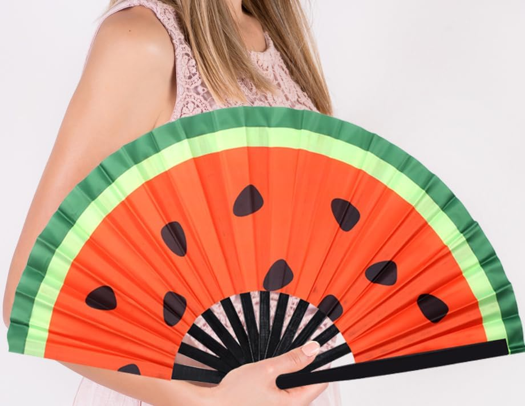 Plzoslly 2 PCS Large Folding Fan Bamboo Folding Hand Fan, Rave Fan Clack Folding Hand Fan Chinese/Japanese Nylon-Cloth Folding Fan for Festival, Dance, Performance, Party, Gift, Decoration(Watermelon) image number 2