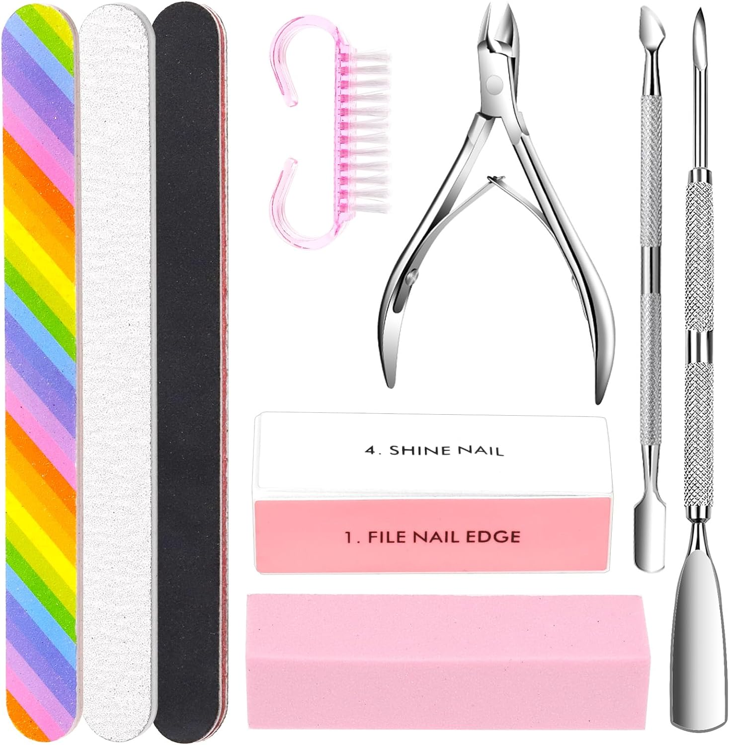 Rustark 7Pcs Gel Nail Remover Tools Kit Includes Pink Nail Soaking Bowl, Cuticle Pusher, Scraper, Nail Files, Buffer Block, Nail Dust Brush, Soak off Gel Nail Bowl Polish Dip Powder Remover Kit