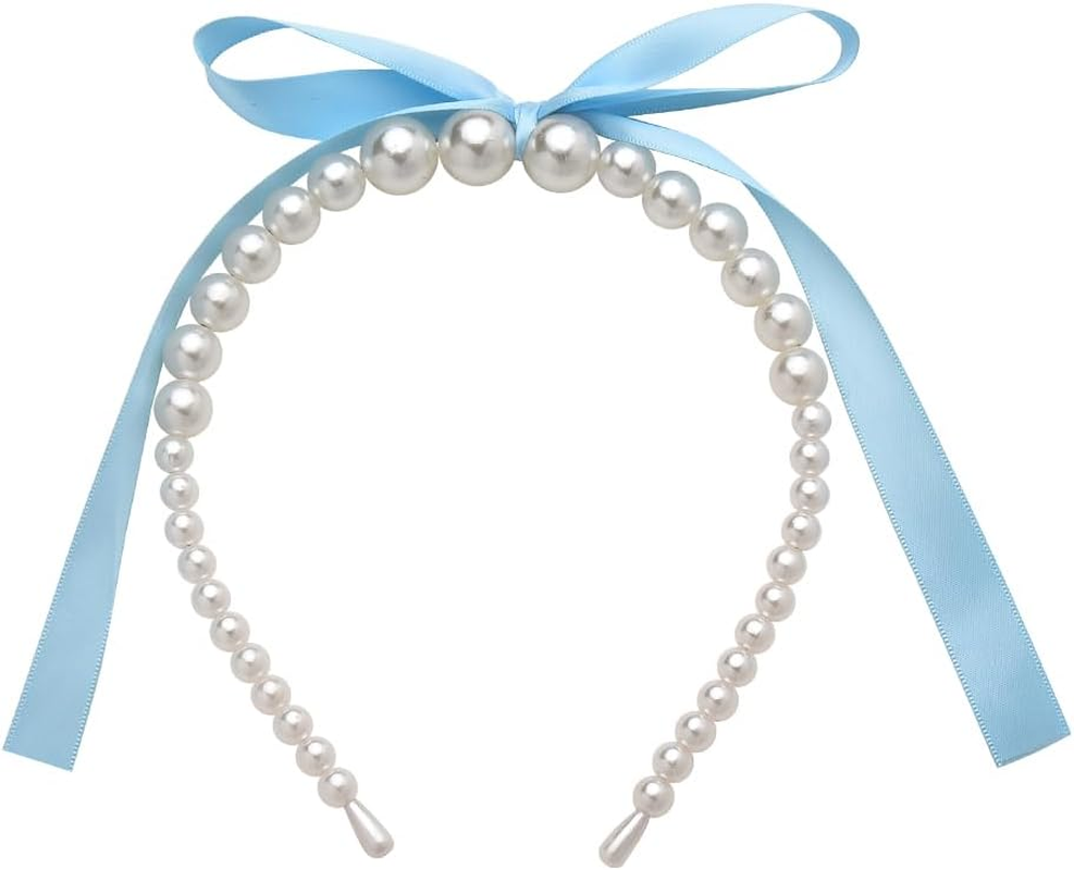 Pearl Bowknot Headband for Women Girls Blue Bow Knotted Hair Band for Women Girls Bridal Hair Decorations with Bows Female Pearl Headpiece