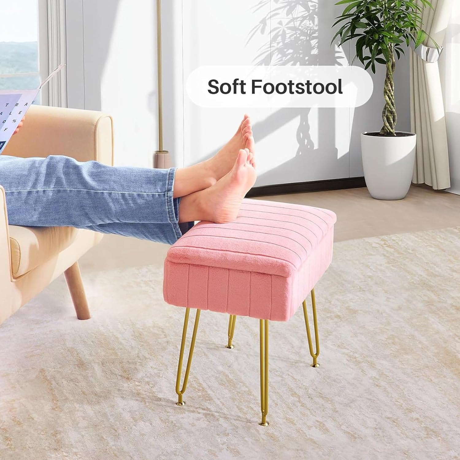 Pink Vanity Stool Chair, Faux Fur with Storage Vanity Stool with 4 Metal Legs, Modern Vanity Chair for Makeup Room and Bedroom, 40 * 30 * 50Cm