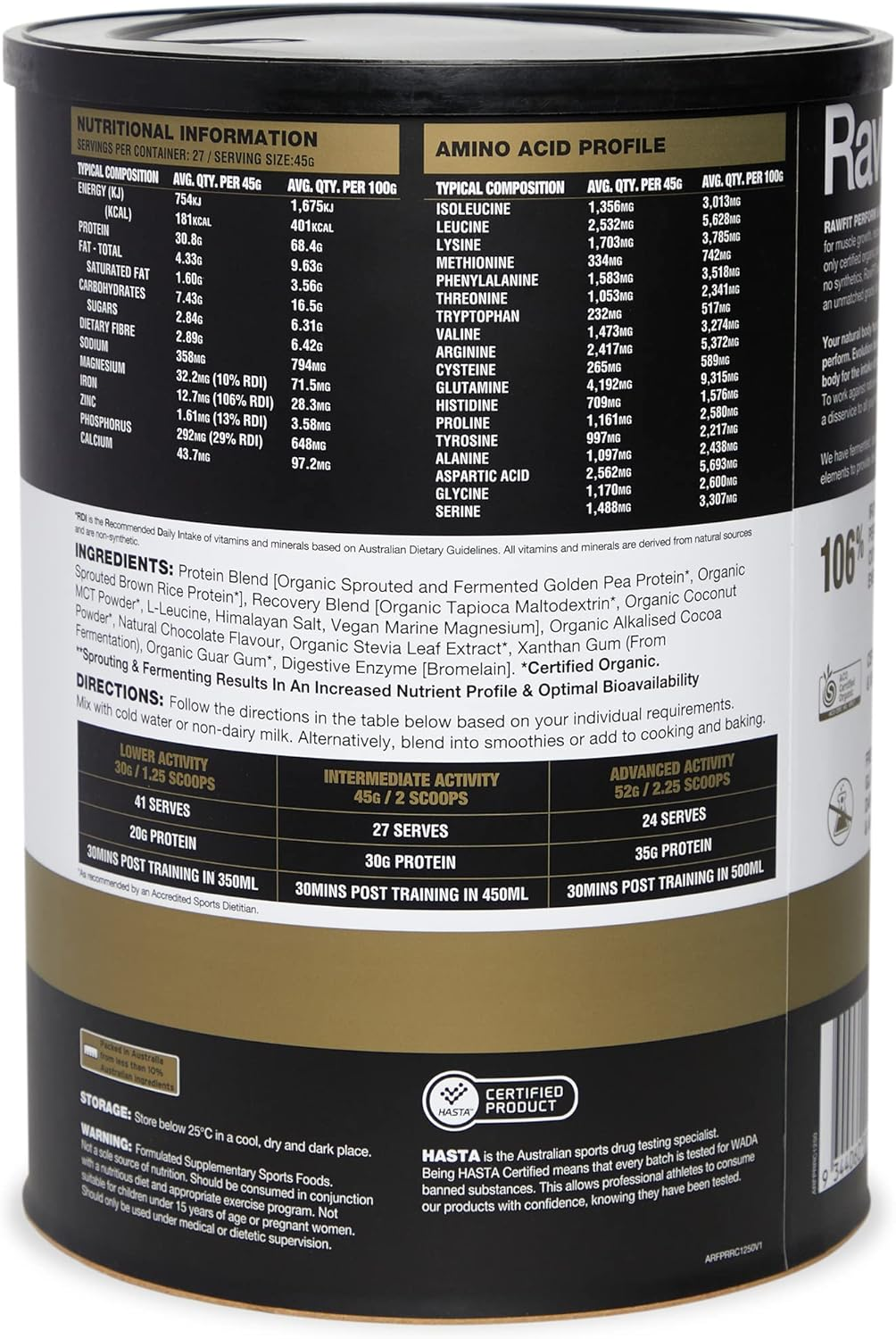 Amazonia Rawfit Plant Protein Perform & Recover Rich Chocolate - Certified Organic, Low FODMAP Certified, Vegan, Sprouted & Fermented Pea & Brown Rice Protein, HASTA Certified, 35G Protein per Serve, Supports Muscle Growth & Recovery, 1.25Kg image number 5