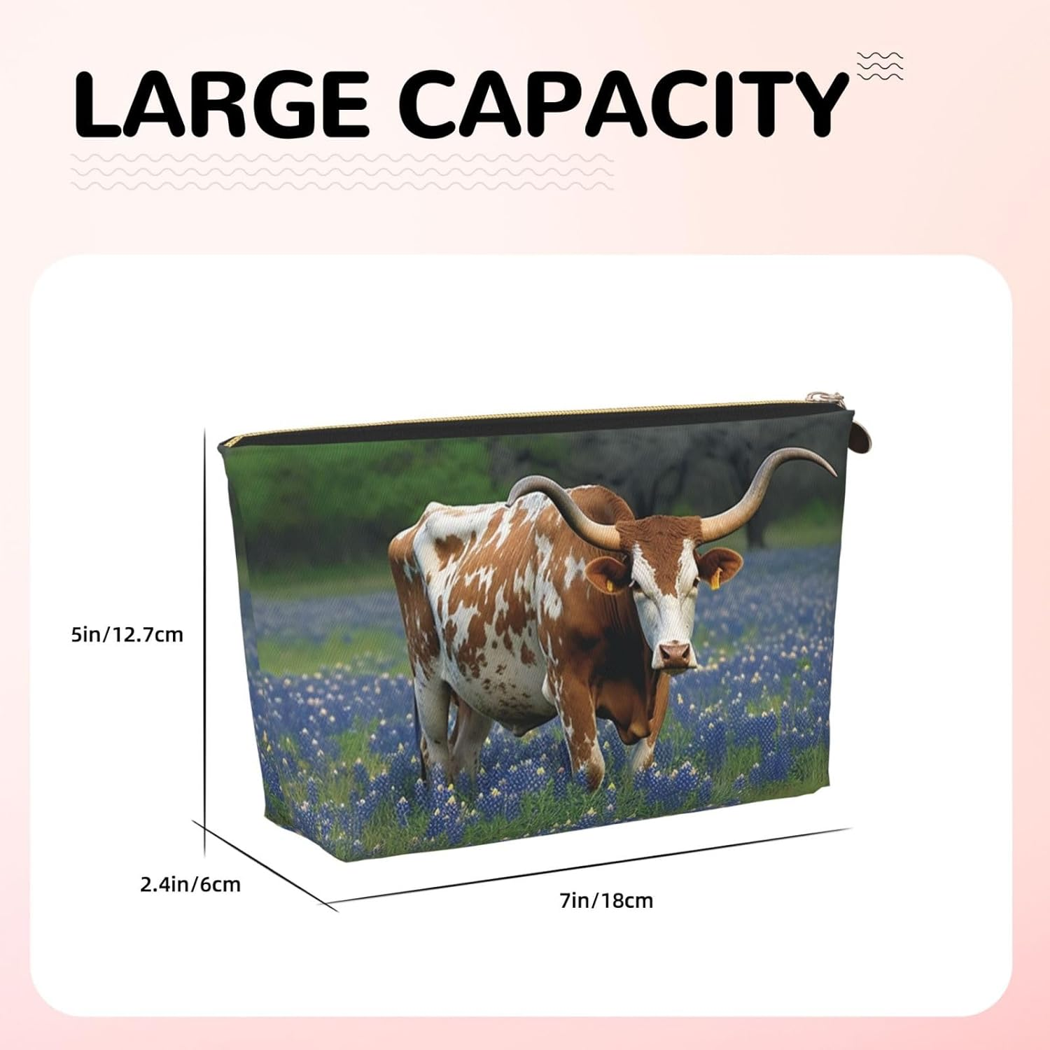 SDTYKHJ Large Capacity Makeup Bag for Women, Waterproof Portable Shaving Bag, Small Toiletry Bag Bluebonnet Longhorn Leather Cosmetic Organizer Bags for Travel, Gold, One Size image number 3