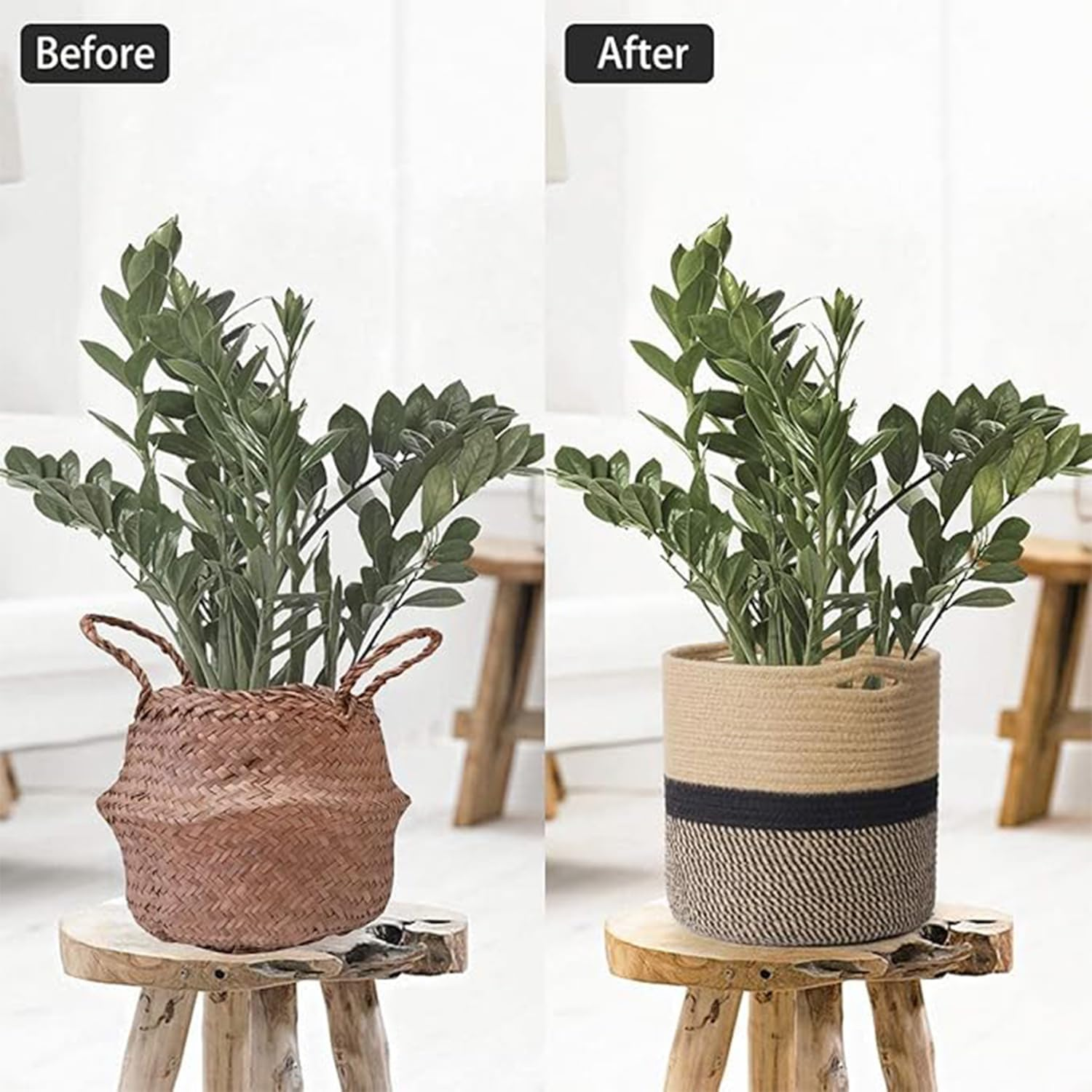 2 Pcs Jute Cotton Rope Plant Basket, Woven Baskets for Flower Pot Home Decor, round Indoor Planters Storage Organizer, Brown Black 25 * 25 * 25Cm, Storage Organizer Basket Rustic Home Decor image number 4