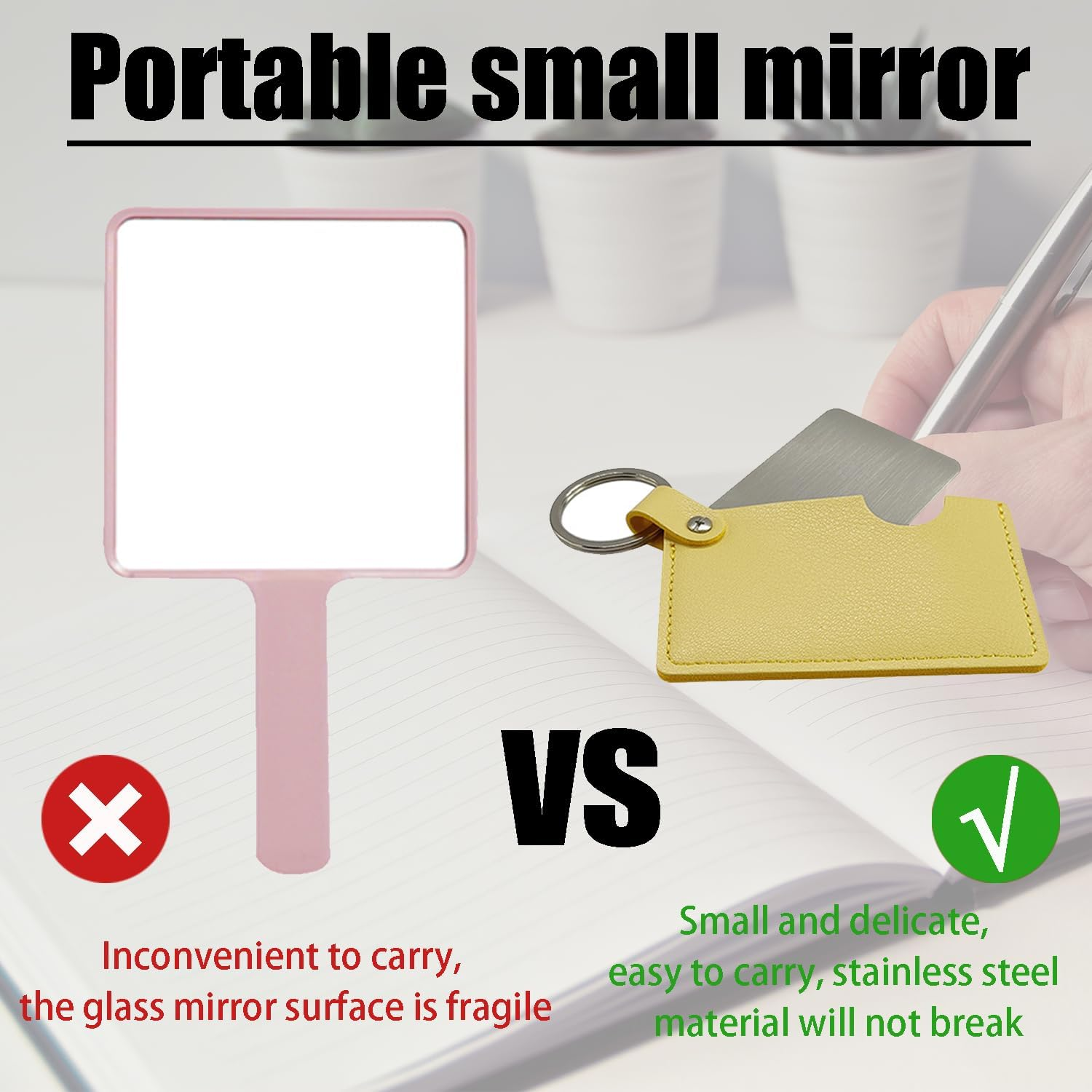 Compact Stainless Steel Mirror with Keychain Mini Handheld Travel Makeup Mirror with PU Leather Case Unbreakable Rectangular Pocket Mirror for Wallet and Purse (White) image number 1