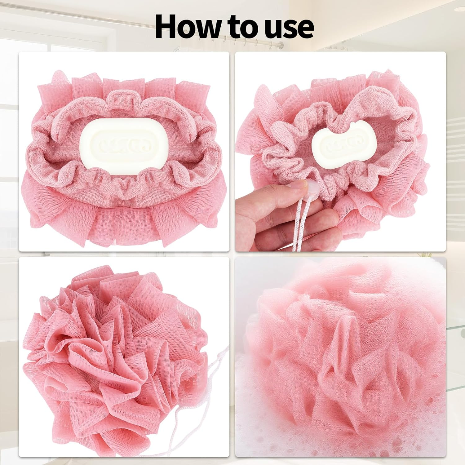 2Pcs Loofah Washcloth for Bar Soap, 2-In-1 Exfoliating Bath Sponge with Drawstring Reusable Mesh Shower Puff for Smoothing Skin & Body Cleansing (Pink, Beige) image number 4