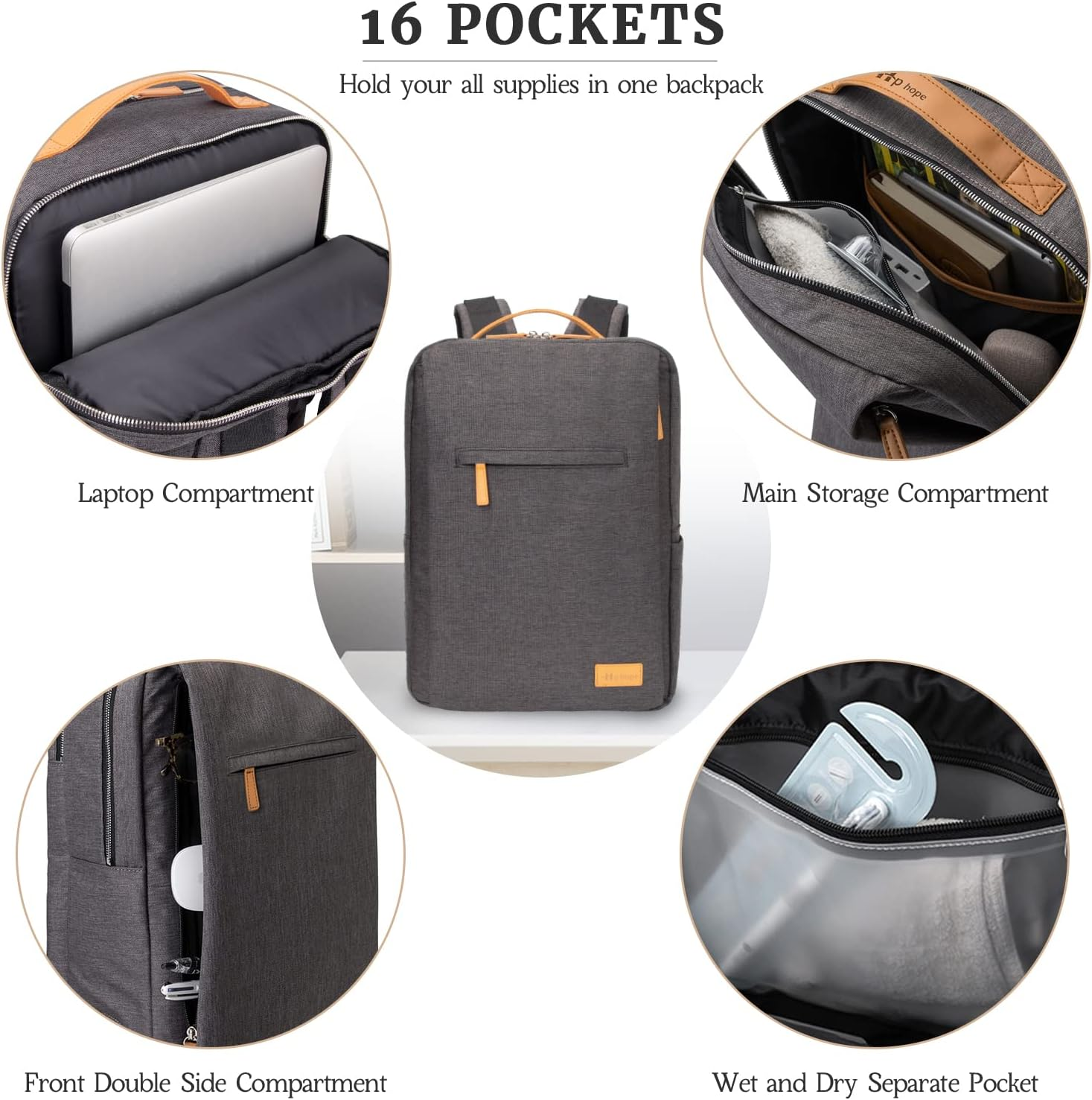 Hp Hope Smart Laptop Backpack, Work Business Backpack for Women, 15.6Inch with USB Charging Port and Lock Fit Computer Business Bookbag for Men Women College School Gift - A3-Grey-15.6 image number 6